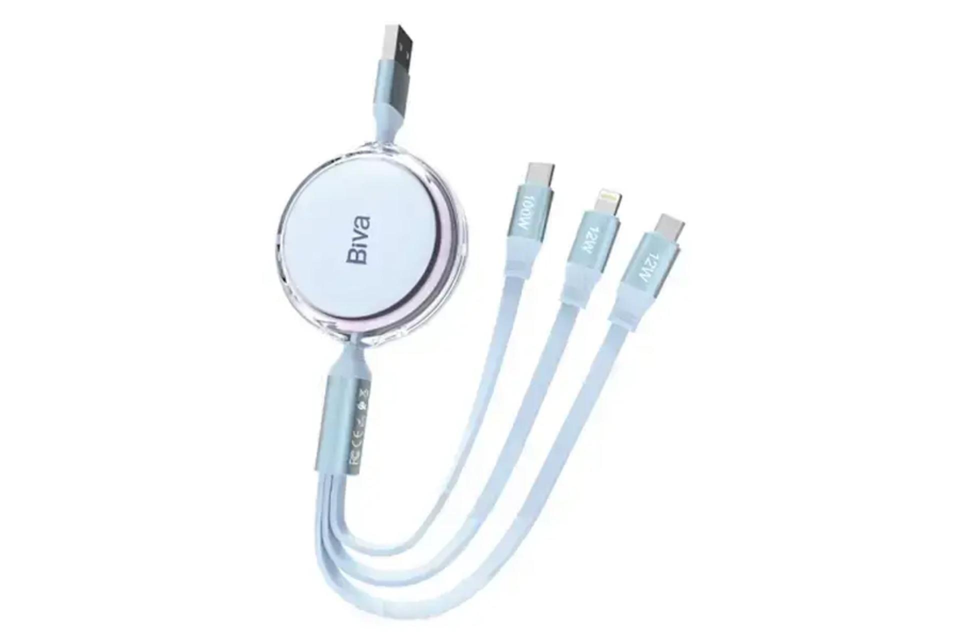 کابل شارژ USB بیوا Type-A به Type-C+Micro-USB+Lightning مدل Stretchable cable 100w 3in1 با طول 1.1 متر