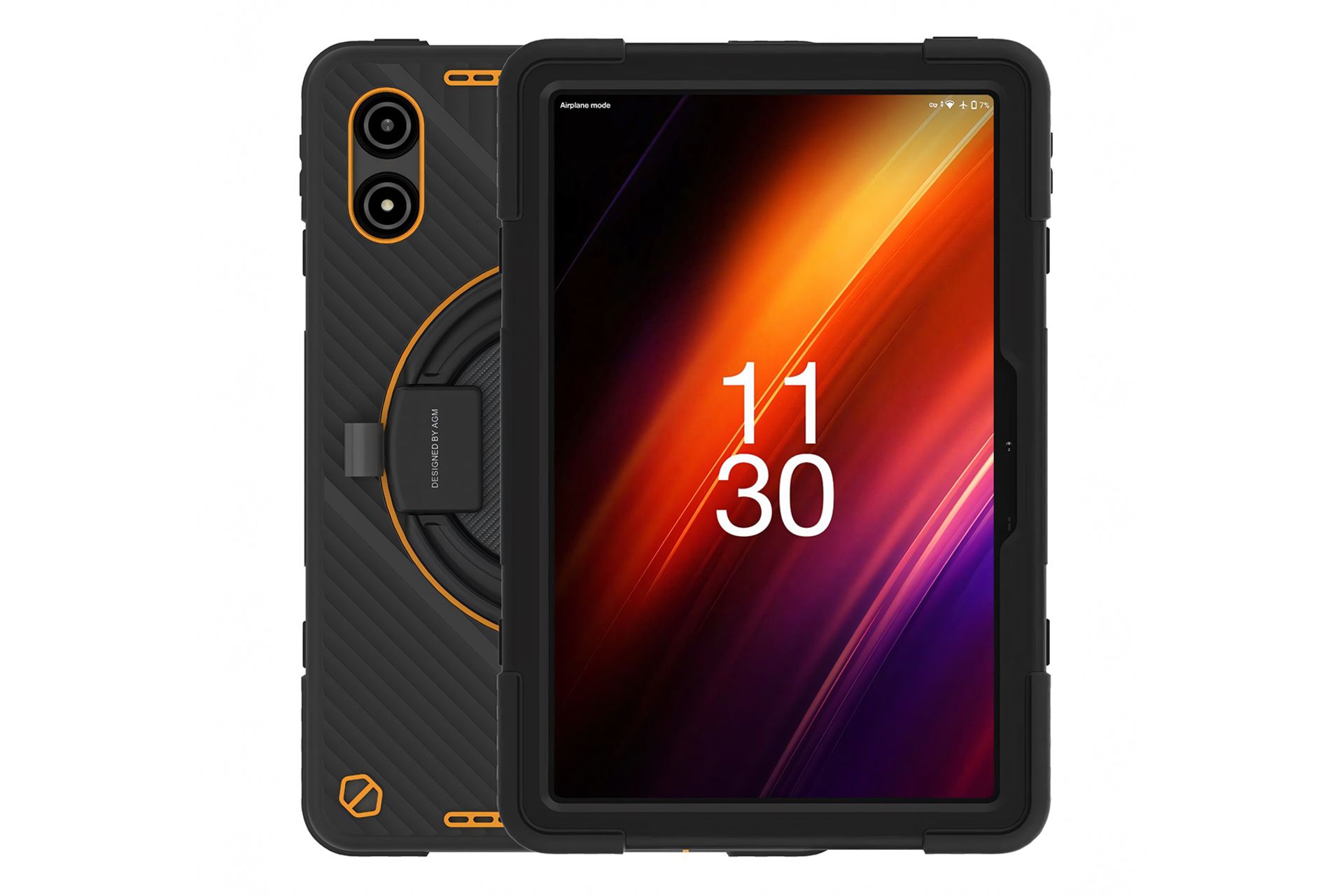 نمای کلی تبلت پد P2 اکتیو ای جی ام / AGM PAD P2 Active با نمایشگر روشن و نمایش دوربین پنل پشت به همراه کاور مخصوص