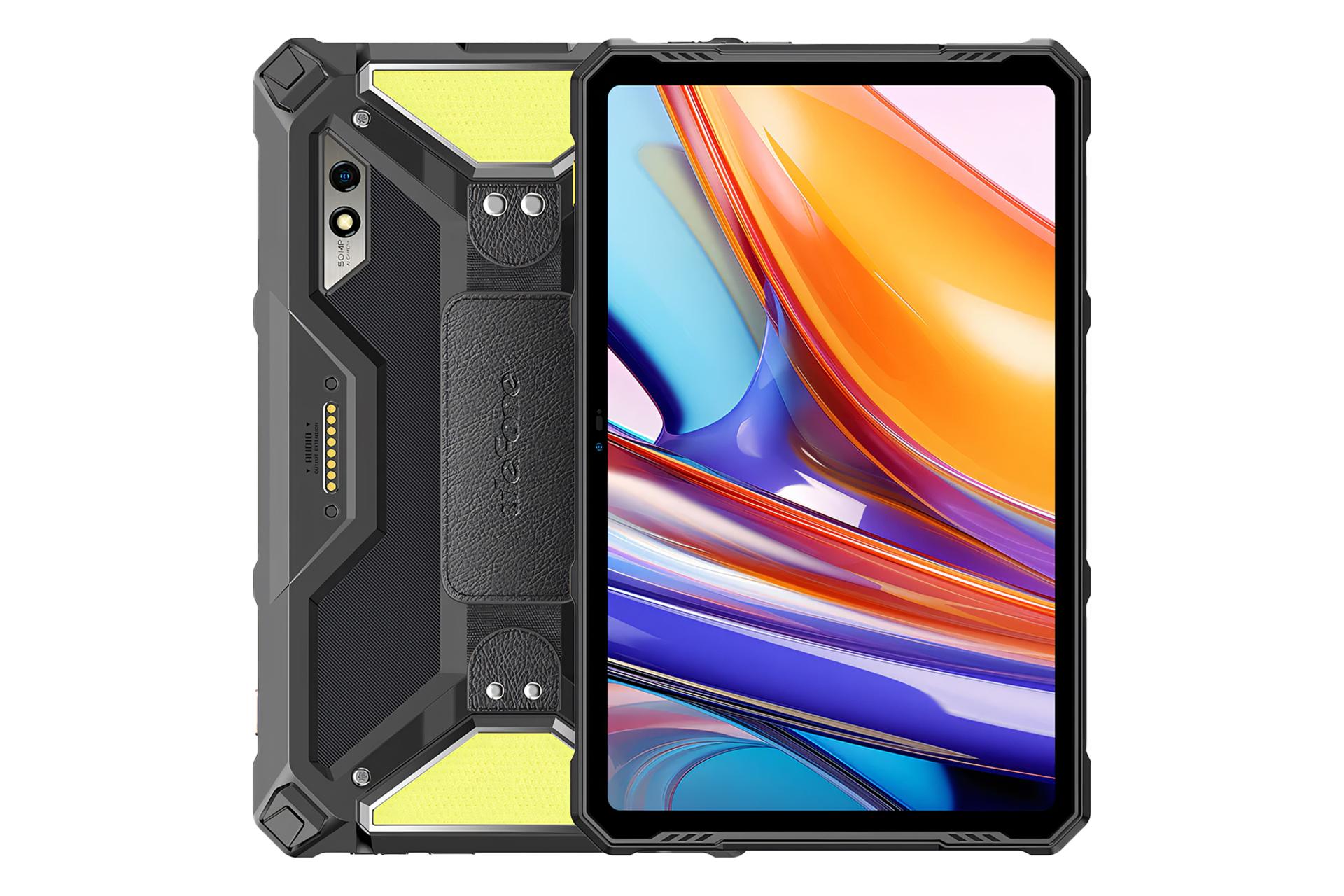 نمای کلی تبلت آرمور پد 3 پرو یولفون / Ulefone Armor Pad 3 Pro با نمایشگر روشن و نمایش لوگو و دوربین پنل پشت