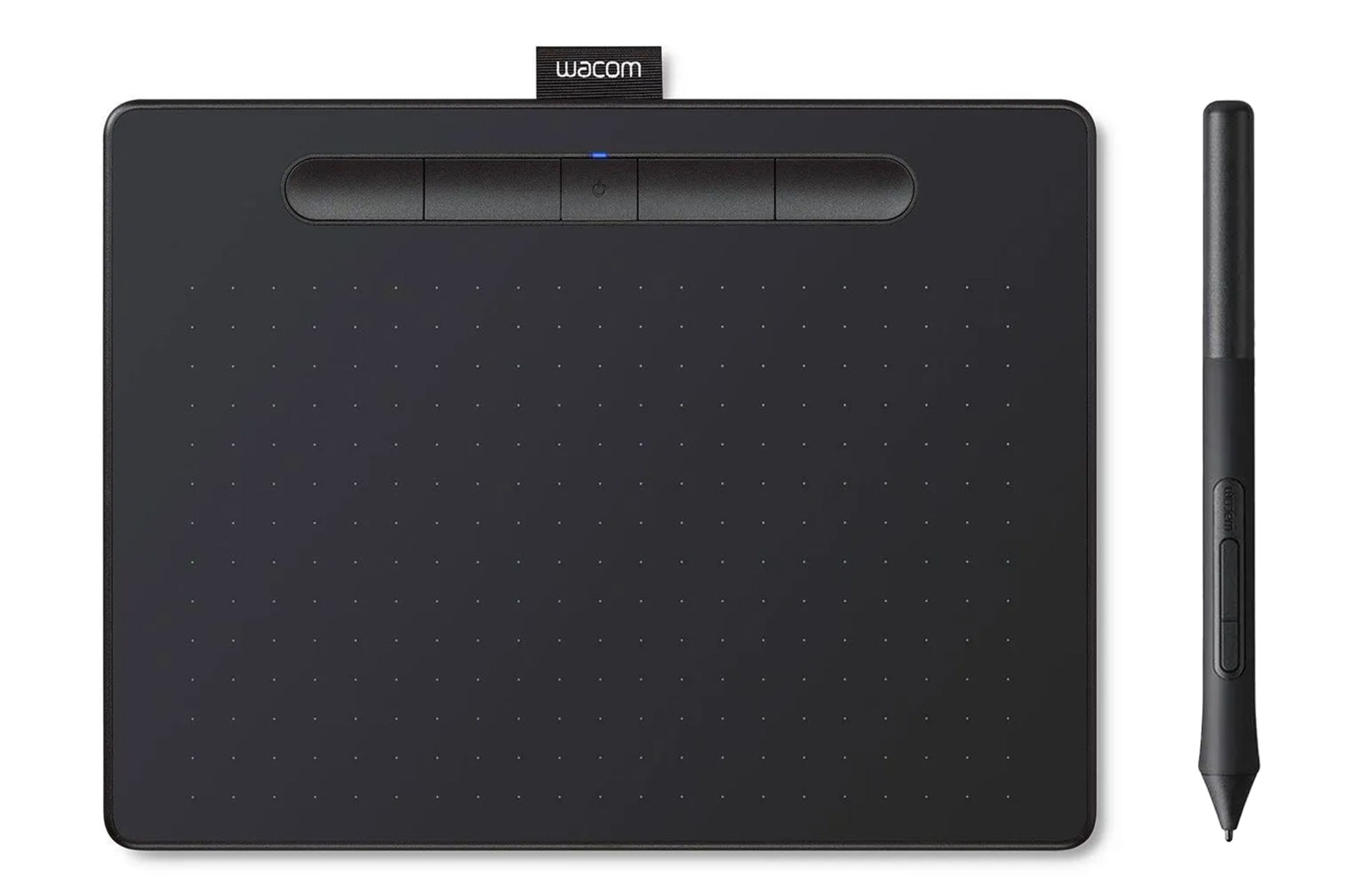 نمای کلی قلم نوری وکام Intuos Medium بلوتوث با نمایش پد طراحی و قلم همراه