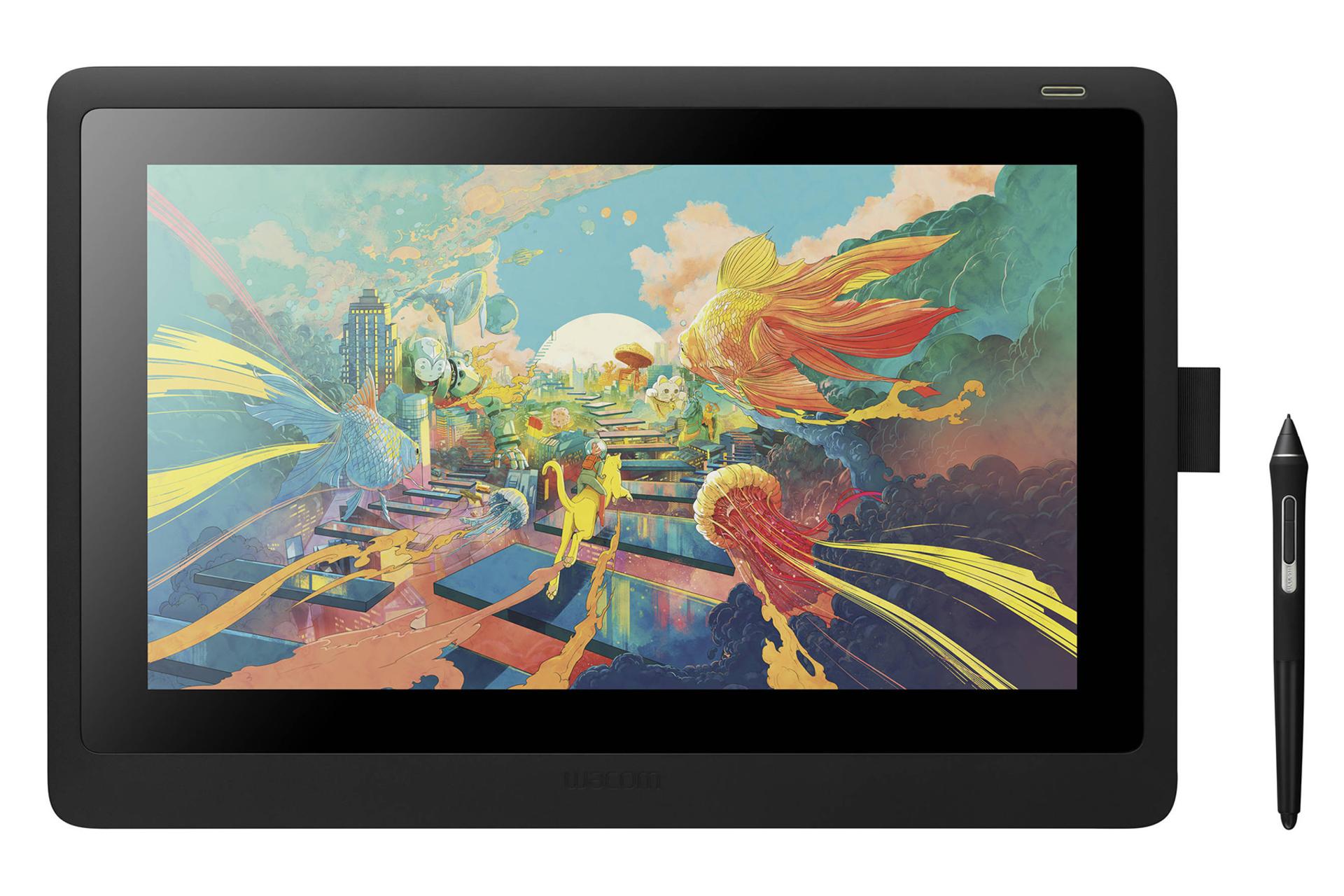 نمای کلی قلم نوری وکام Cintiq 16 با نمایشگر روشن به همراه قلم