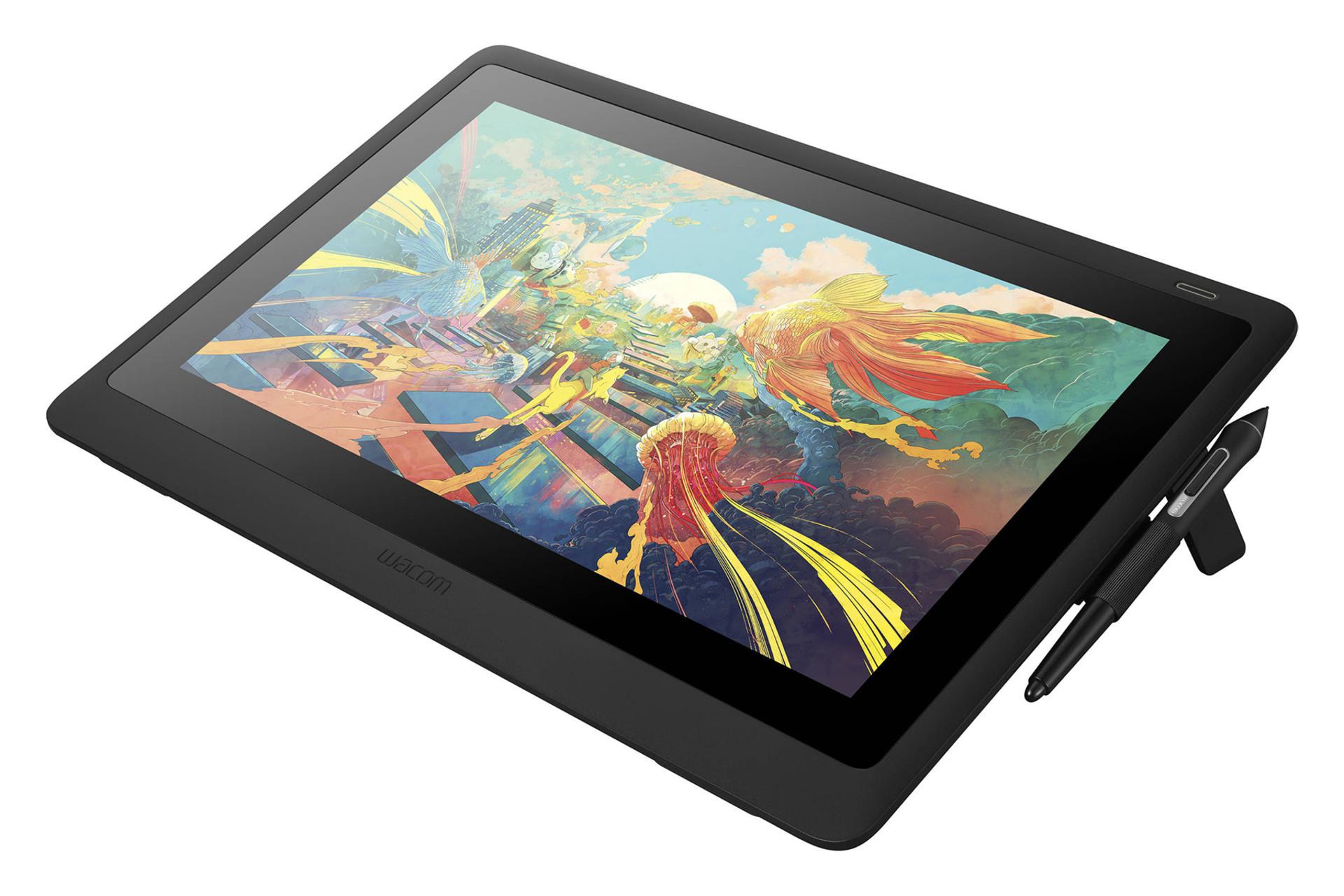 نمای نیمرخ قلم نوری وکام Cintiq 16 با نمایش لبه سمت راست و محل قرارگیری قلم