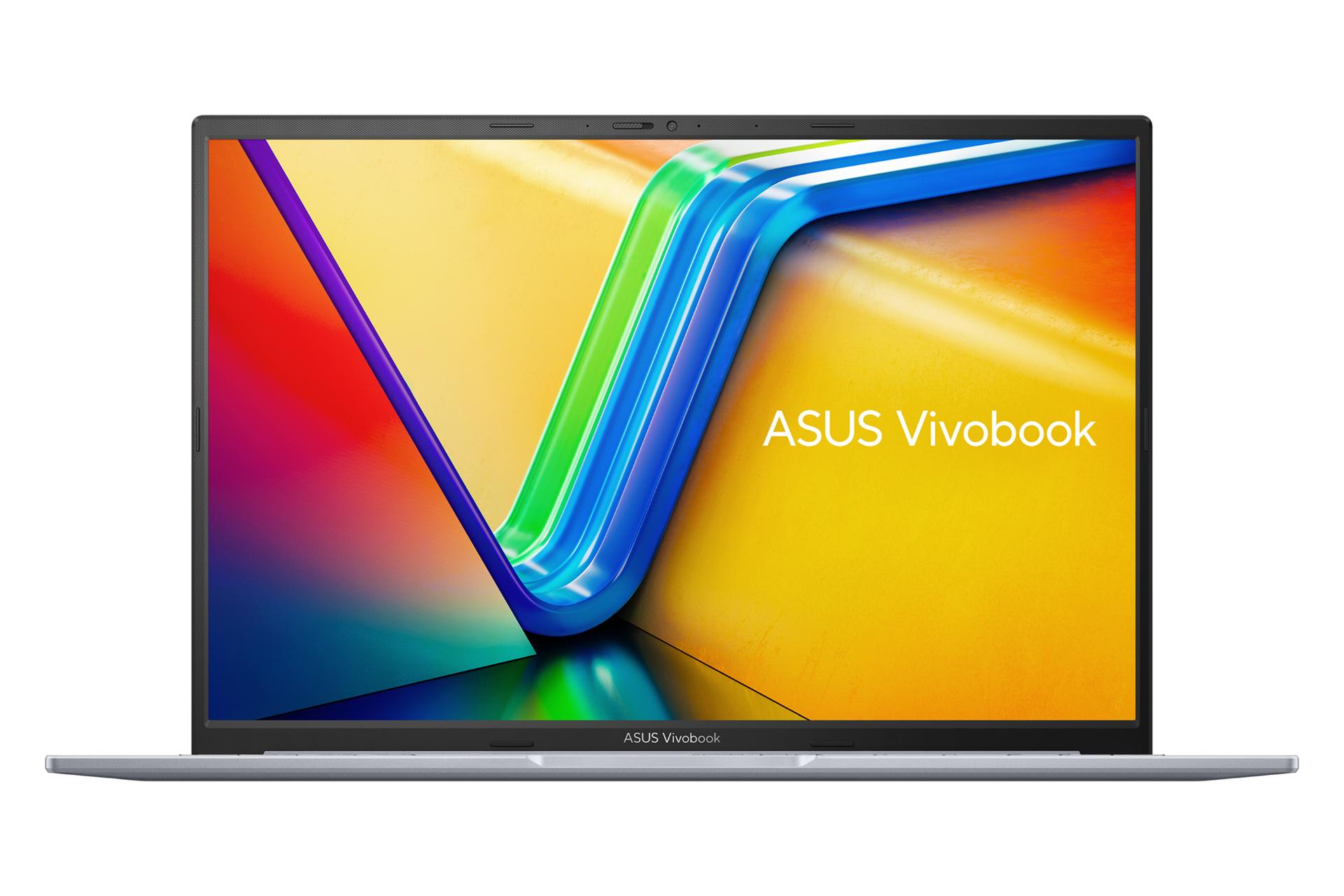 نمای رو به روی لپ تاپ ASUS Vivobook 16X OLED K3604VA ایسوس با نمایشگر روشن و نمایش لوگو لبه جلو رنگ نقره‌ای