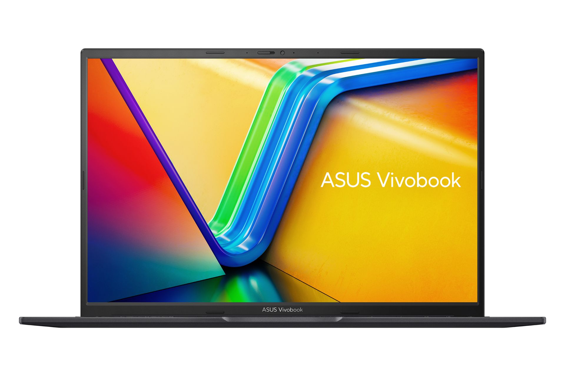نمای رو به روی لپ تاپ ASUS Vivobook 16X OLED K3604VA ایسوس با نمایشگر روشن و نمایش لوگو لبه جلو رنگ خاکستری تیره