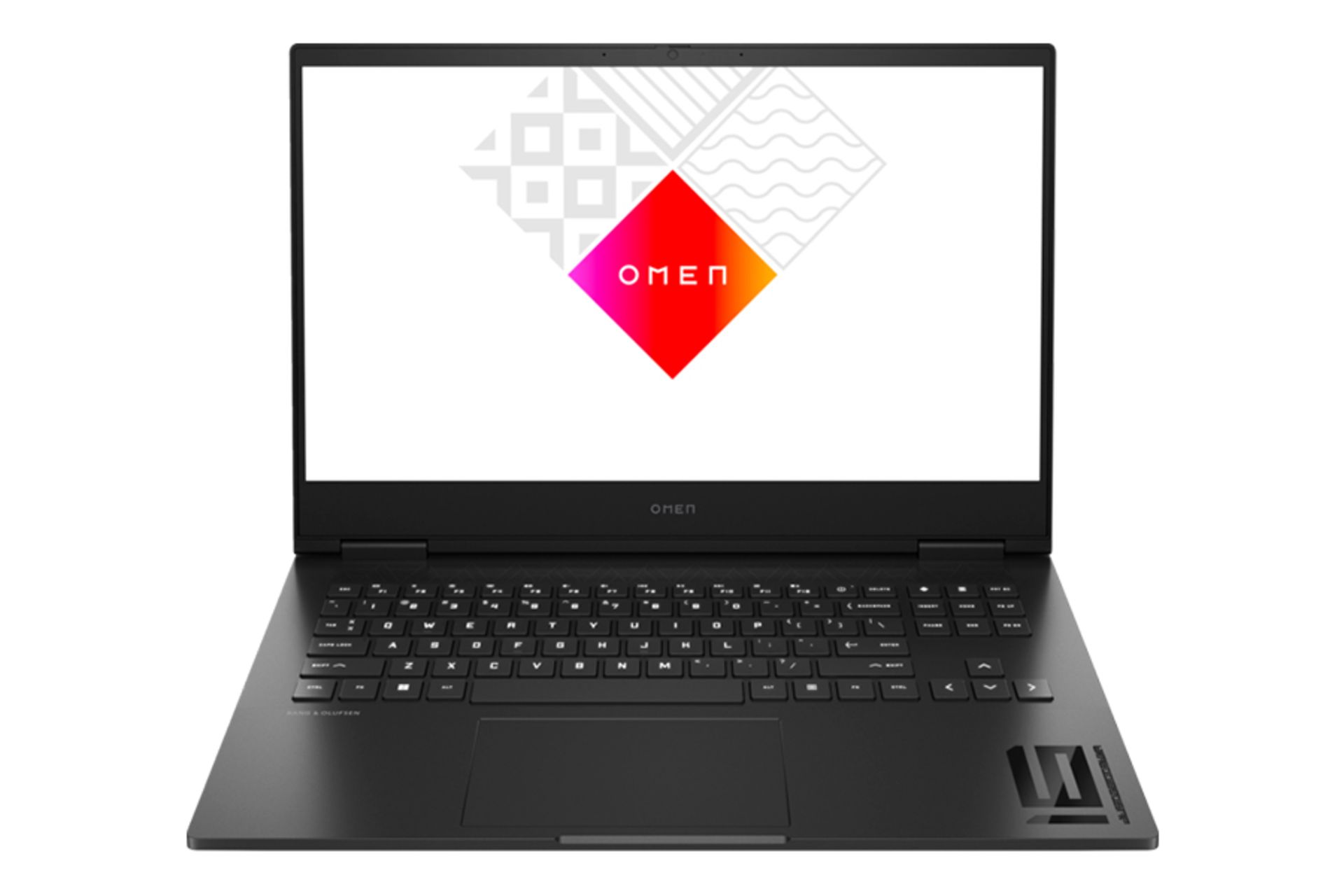 نمای رو به روی لپ تاپ OMEN 16-WD0000NQ اچ پی با نمایشگر روشن و نمایش کیبورد، ترک پد و لبه جلو