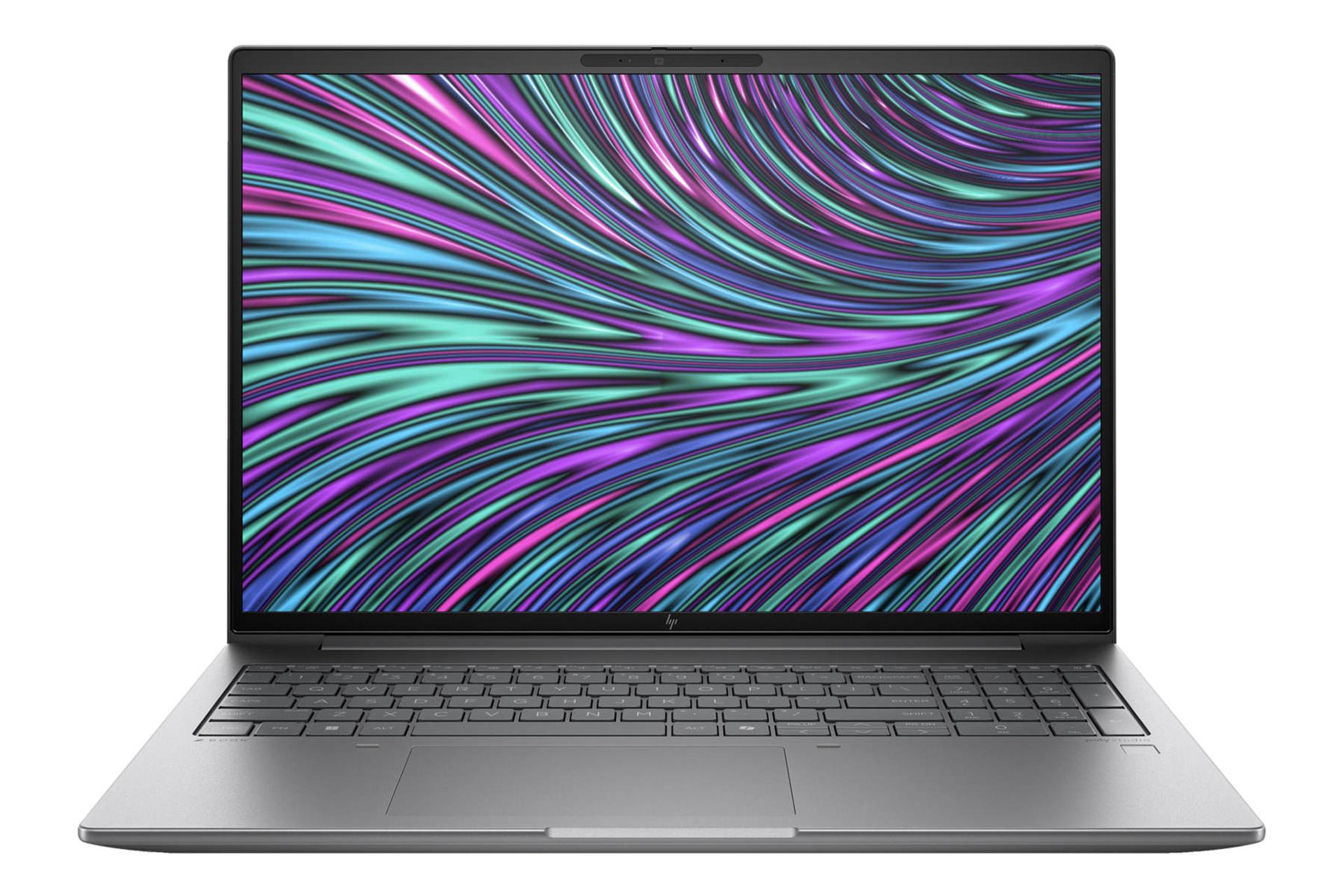 نمای رو به روی لپ تاپ ZBook Power 16 G11 اچ پی با نمایشگر روشن و نمایش لوگو و لبه جلو