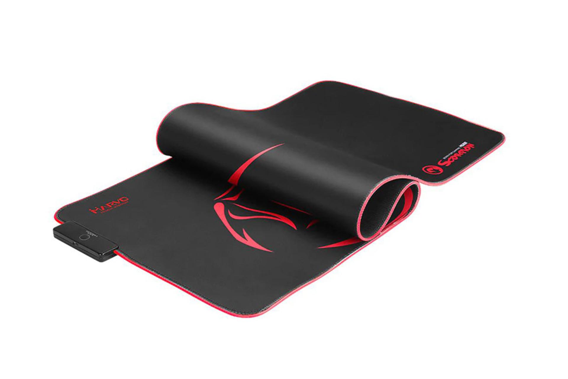 ماوس پد ماروو Marvo Scorpion MG10 Large نمای بالا رول شده نورپردازی قرمز