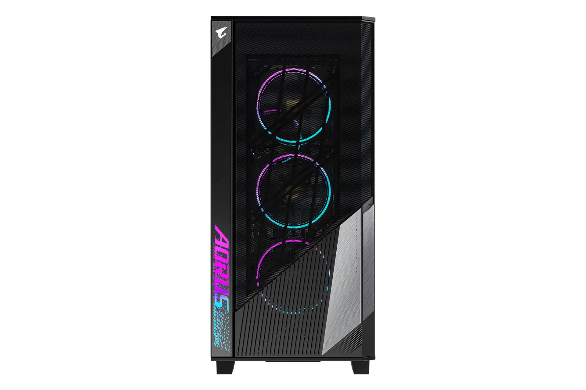 نمای رو به روی کیس کامپیوتر گیگابایت AORUS C500 GLASS با نمایش پنل مش جلو و نورپردازی فن ها و لوگوی پنل جلو