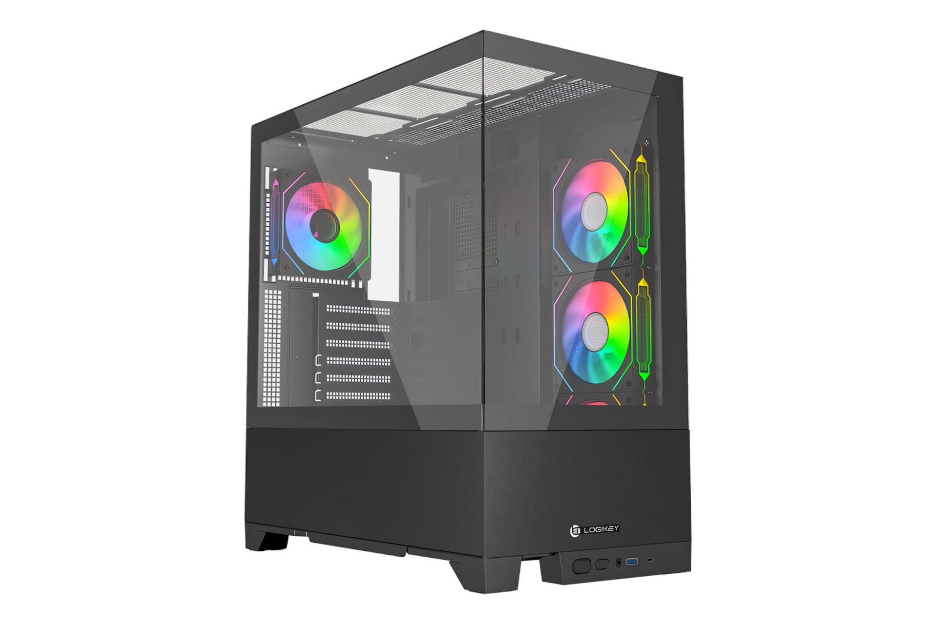 نمای نیمرخ کیس کامپیوتر لاجی کی C664B با نمایش پنل شیشه‌ای جلو و چپ، نورپردازی فن‌ها، درگاه ها و لوگو