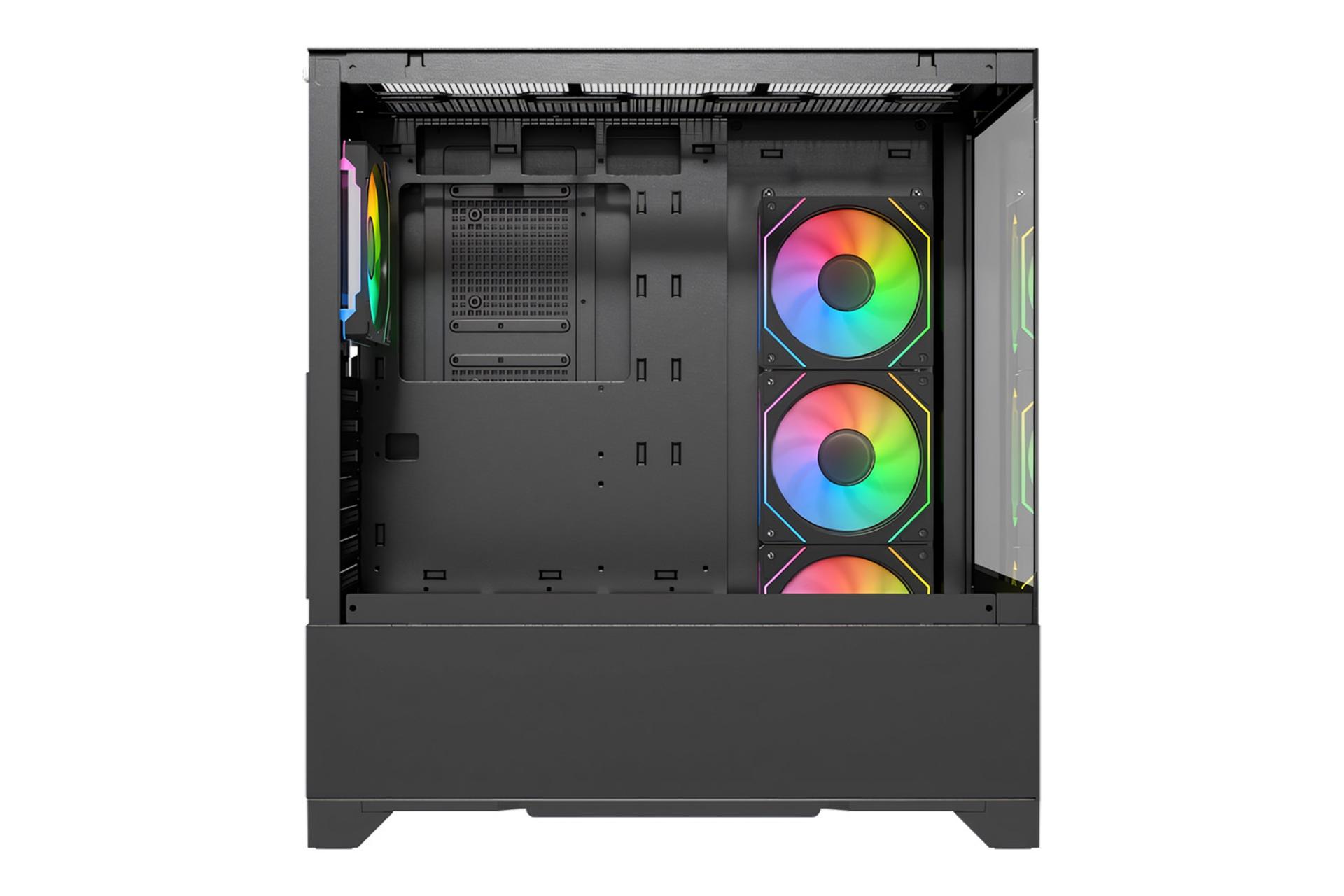 نمای داخل کیس کامپیوتر لاجی کی C664B با نمایش سینی مادربرد، فن های کناری و کاور منبع تغذیه