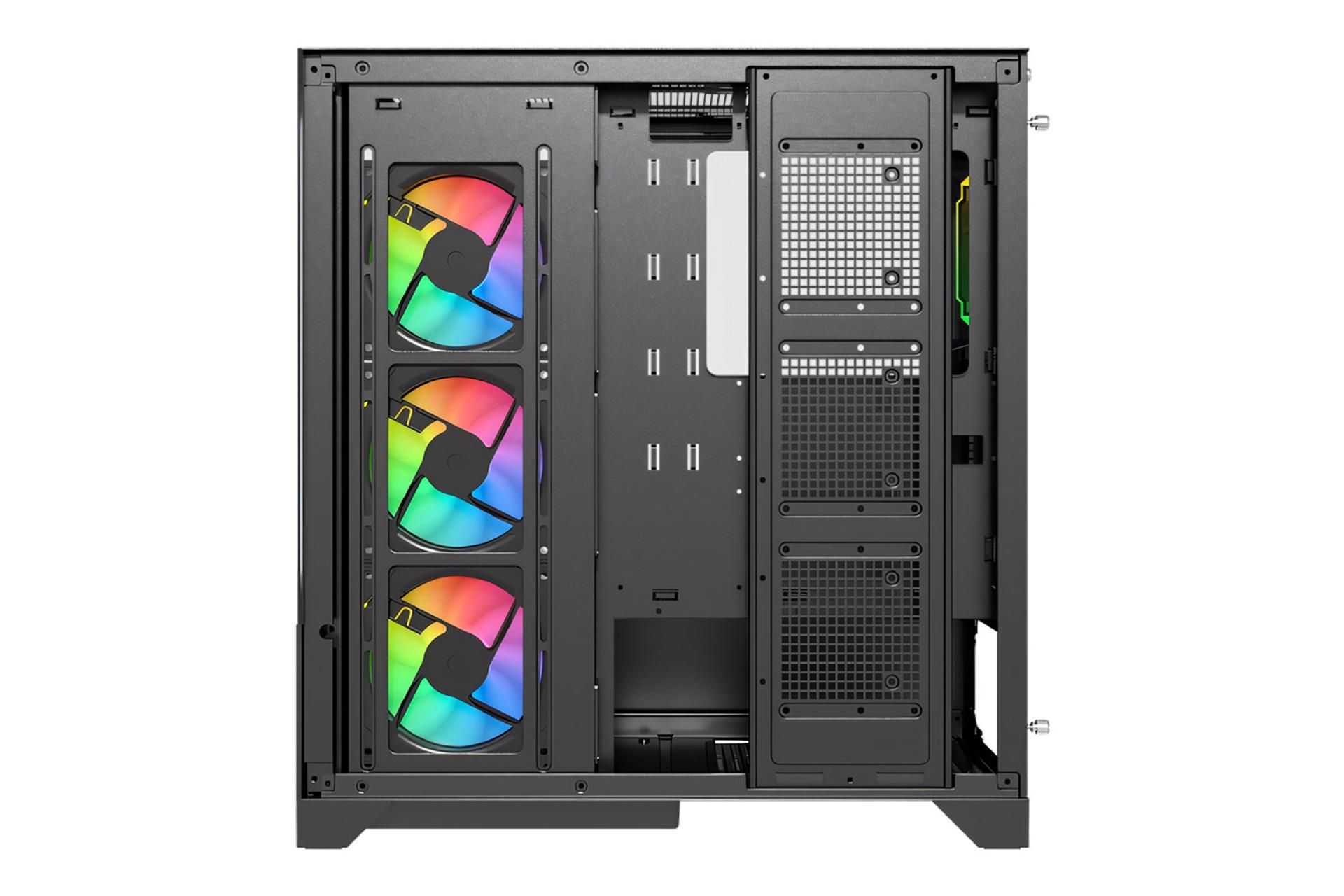 نمای داخل پنل سمت راست کیس کامپیوتر لاجی کی C664B با نمایش محل نصب حافظه و فن های کناری و فضای مدیریت کابل