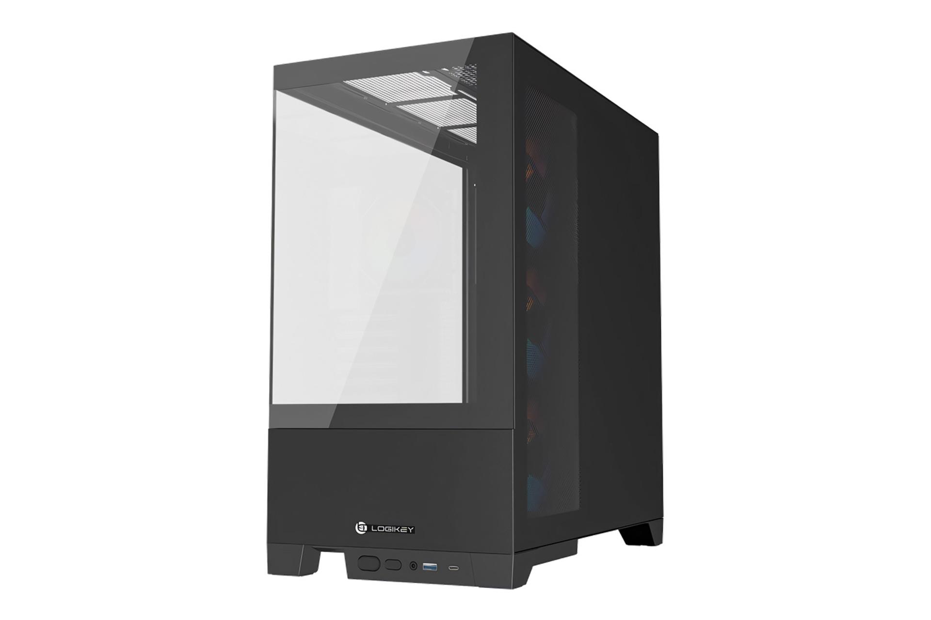 نمای نیمرخ رو به روی کیس کامپیوتر لاجی کی C664B با نمایش پنل شیشه‌ای جلو و پنل فولادی سمت راست،  درگاه های پنل جلو و پایه‌ها