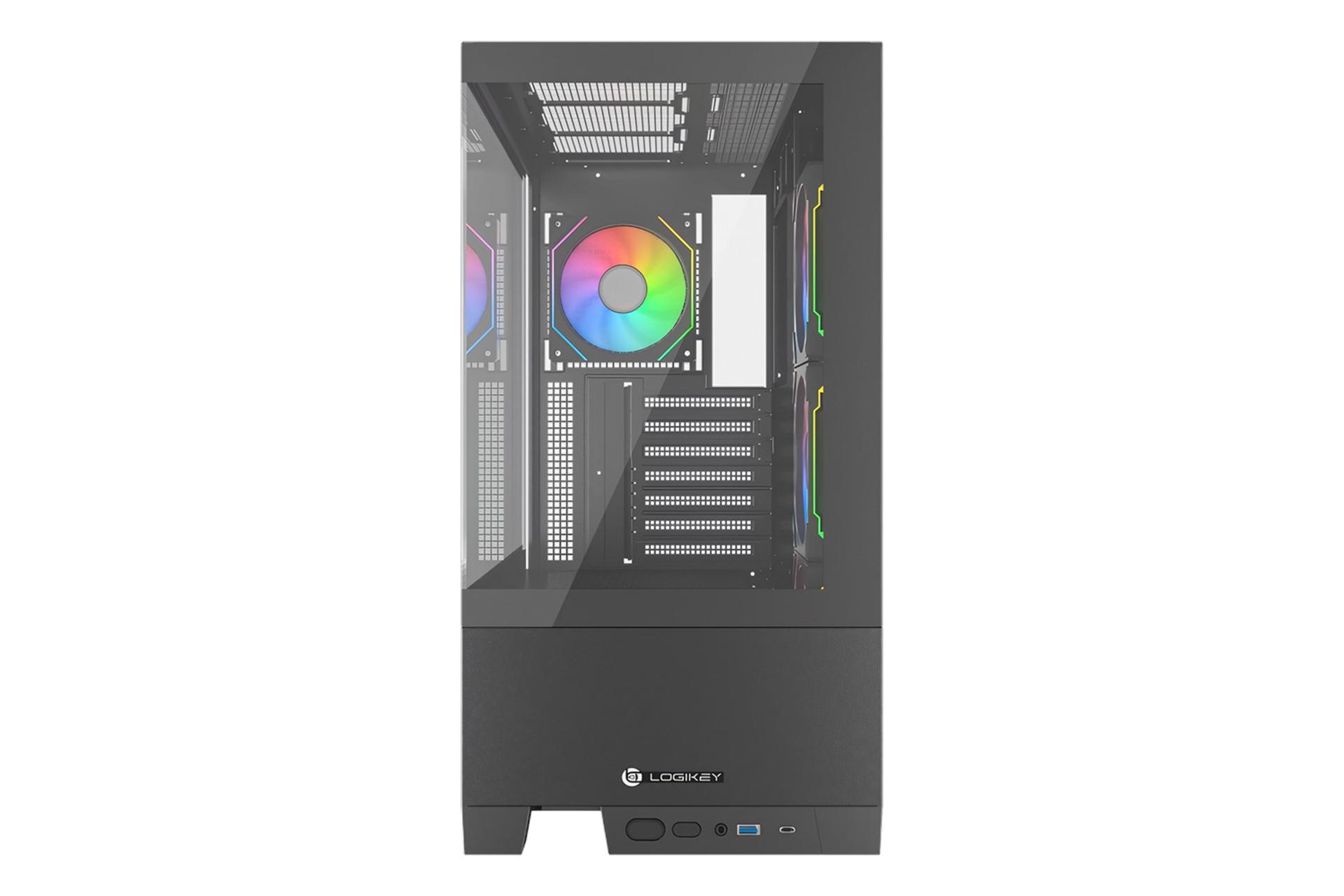 نمای رو به روی کیس کامپیوتر لاجی کی C664B با نمایش پنل شیشه‌ای جلو، نورپردازی فن‌ها، درگاه ها و لوگو