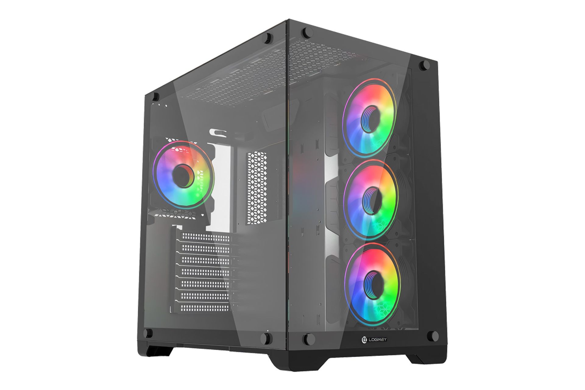 نمای نیمرخ کیس کامپیوتر لاجی کی C584B با نمایش پنل شیشه‌ای جلو و چپ، نورپردازی فن‌ها، درگاه ها و لوگو
