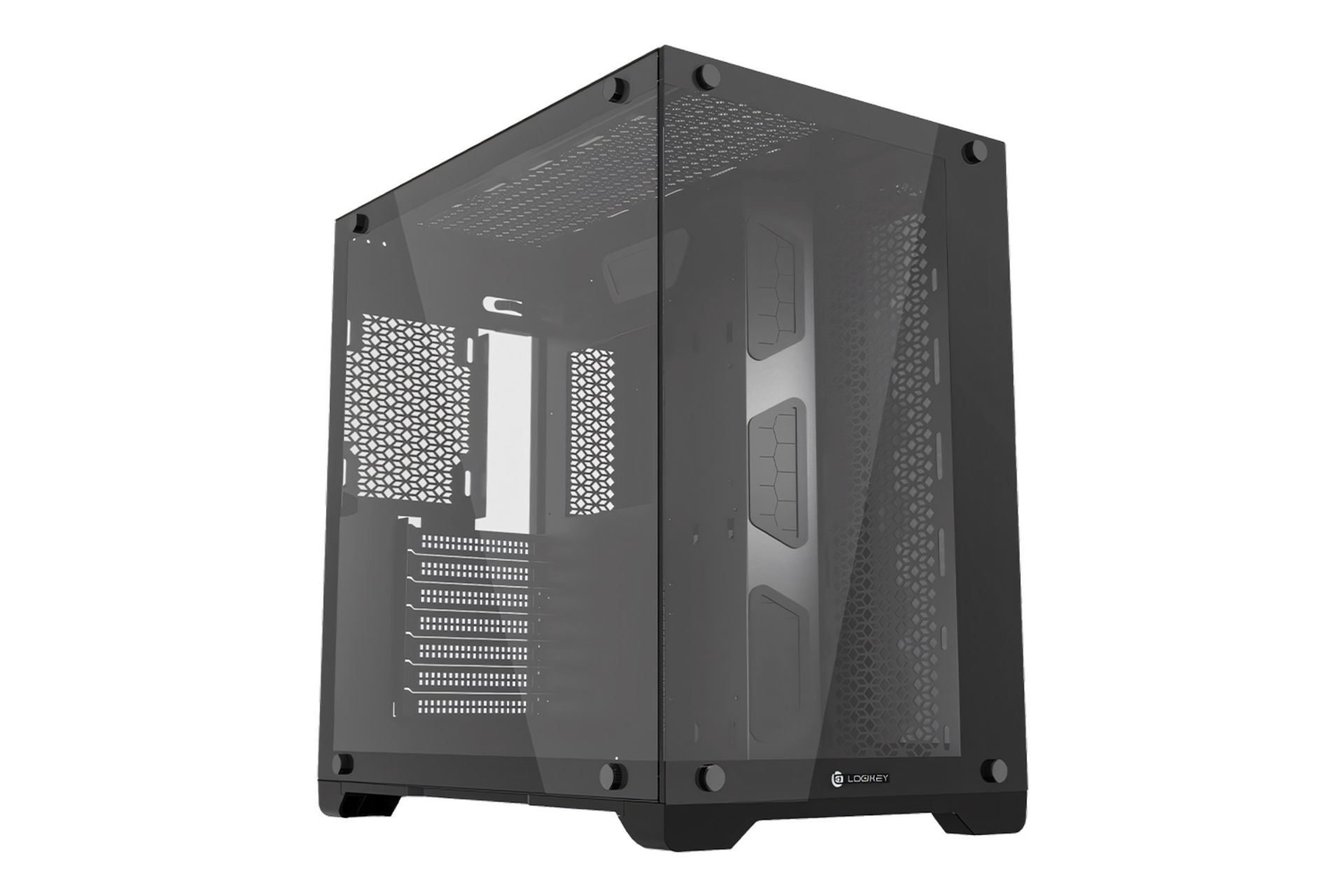 نمای نیمرخ کیس کامپیوتر لاجی کی C580B با نمایش پنل شیشه‌ای جلو و چپ، درگاه ها و لوگو