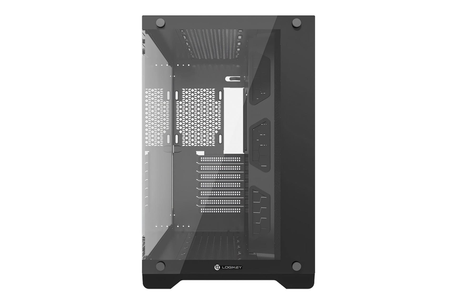 نمای رو به روی کیس کامپیوتر لاجی کی C580B با نمایش پنل شیشه‌ای جلو، درگاه ها و لوگو