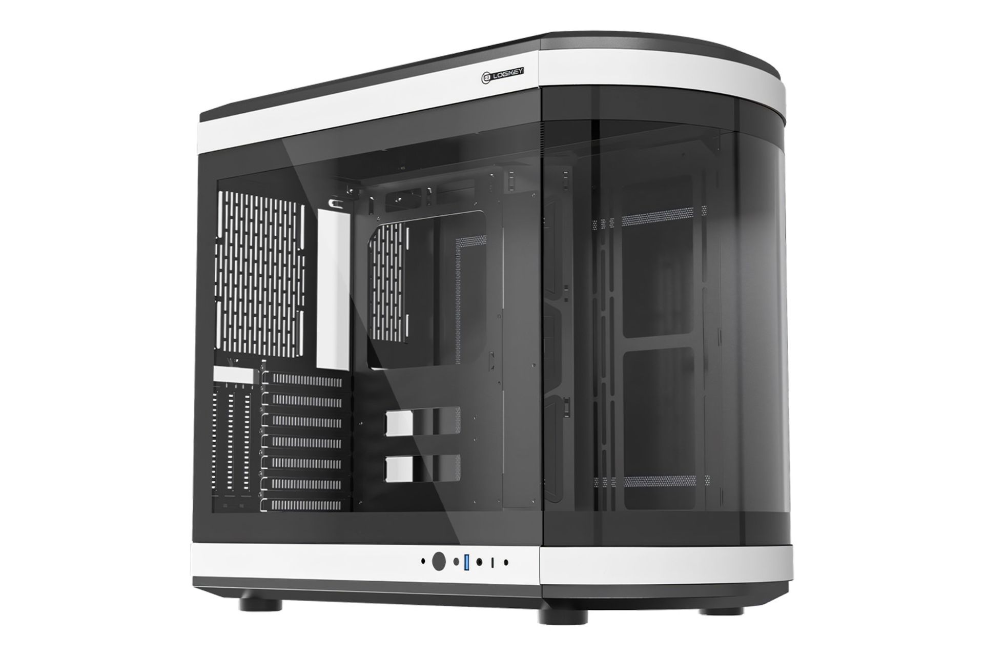 نمای نیمرخ کیس کامپیوتر لاجی کی C570BW با نمایش پنل شیشه‌ای جلو و چپ، درگاه ها و لوگو