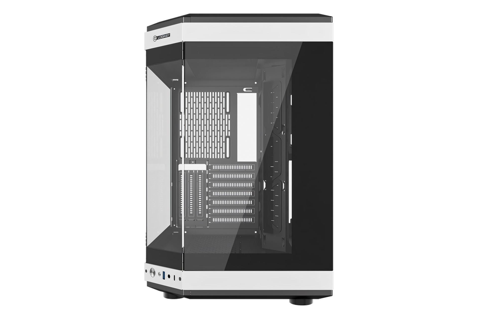 نمای رو به روی کیس کامپیوتر لاجی کی C560BW با نمایش پنل شیشه‌ای جلو، درگاه ها و لوگو