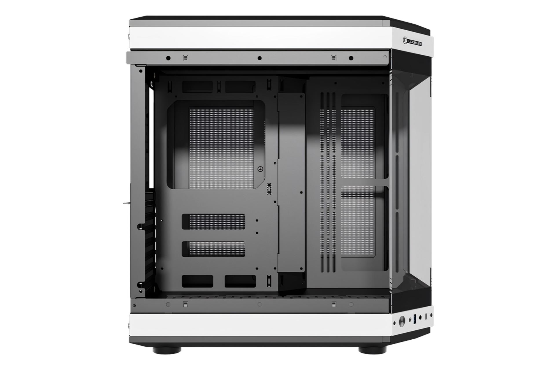 نمای داخل کیس کامپیوتر لاجی کی C560BW با نمایش سینی مادربرد و محل نصب فن های کناری