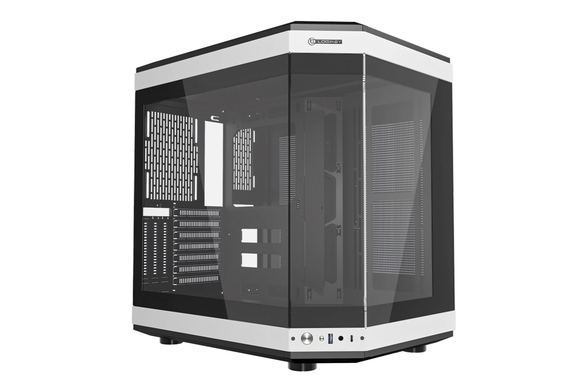 نمای نیمرخ کیس کامپیوتر لاجی کی C560BW با نمایش پنل شیشه‌ای جلو و چپ، درگاه ها و لوگو