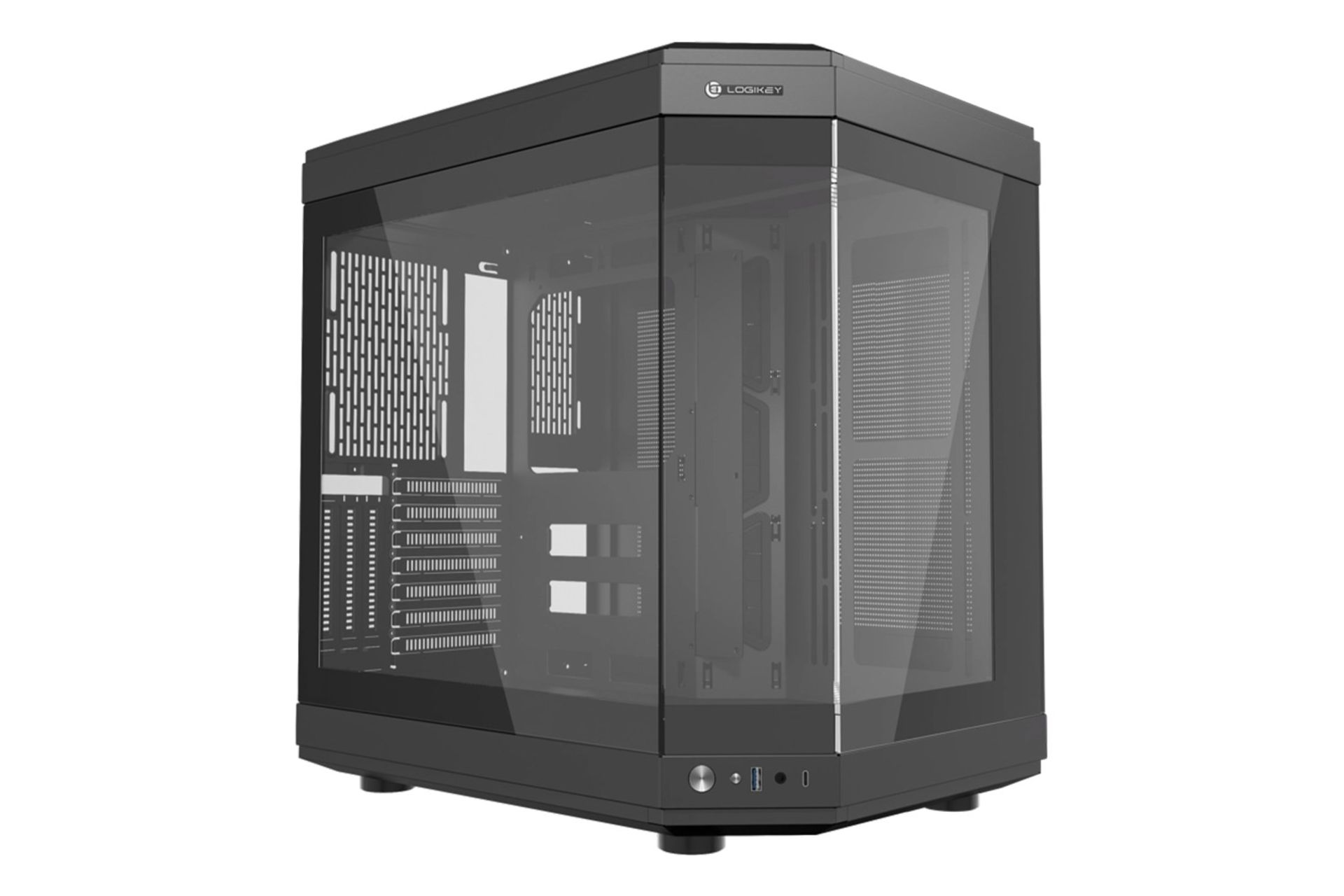 نمای نیمرخ کیس کامپیوتر لاجی کی C560B با نمایش پنل شیشه‌ای جلو و چپ، درگاه ها و لوگو