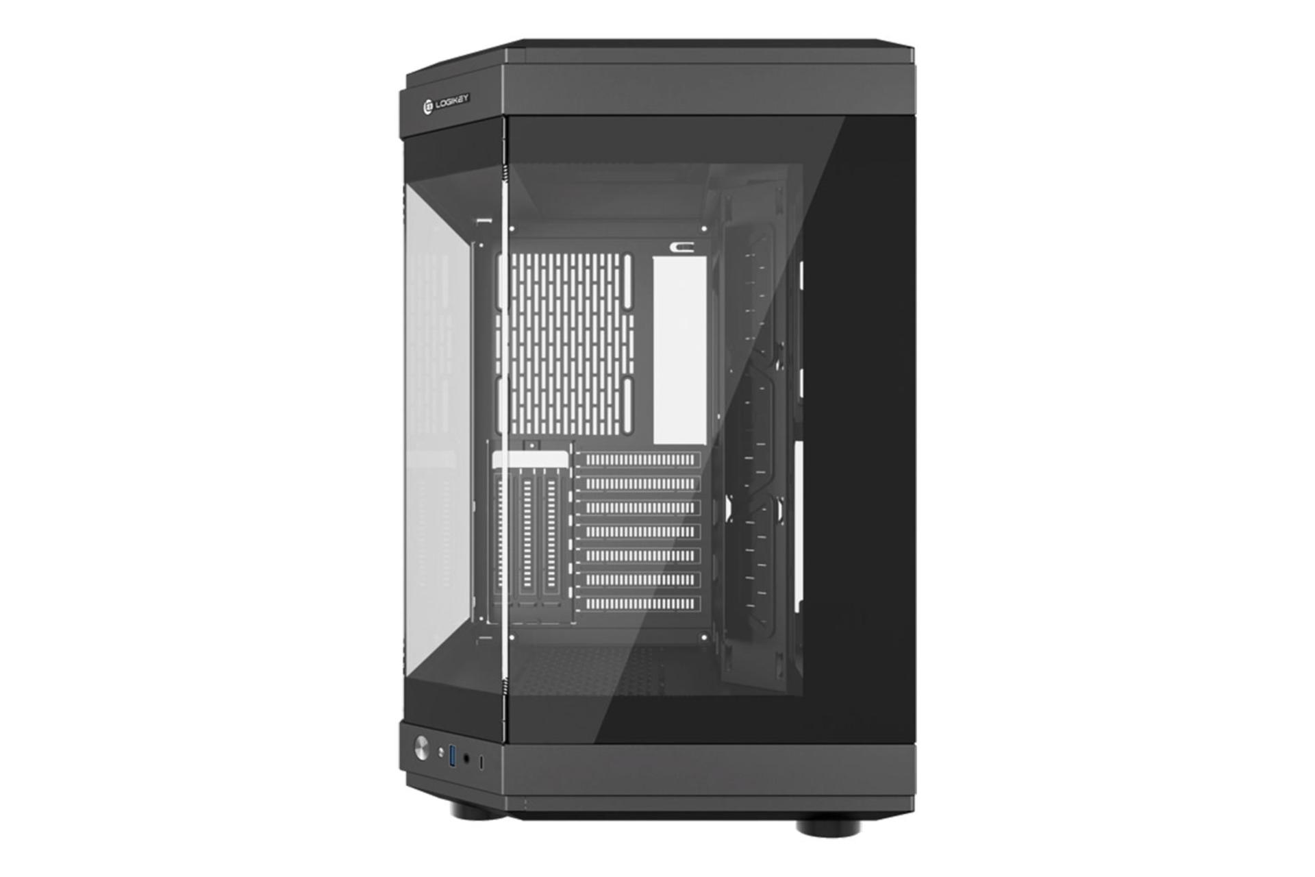 نمای رو به روی کیس کامپیوتر لاجی کی C560B با نمایش پنل شیشه‌ای جلو، درگاه ها و لوگو
