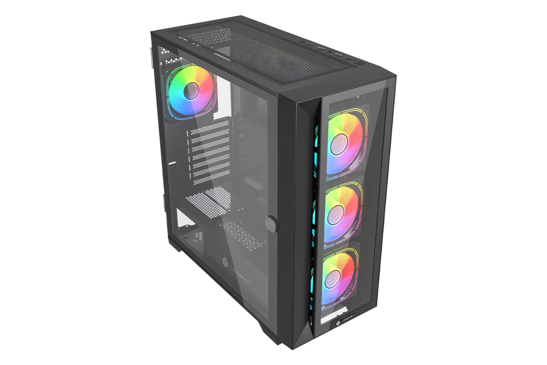 نمای نیمرخ بالای کیس کامپیوتر لاجی کی C476B با نمایش منافذ عبور هوا و درگاه های پنل بالای کیس