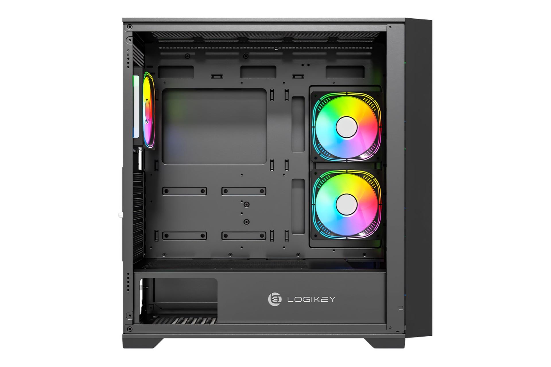 نمای داخل کیس کامپیوتر لاجی کی C476B با نمایش سینی مادربرد و فن های کناری