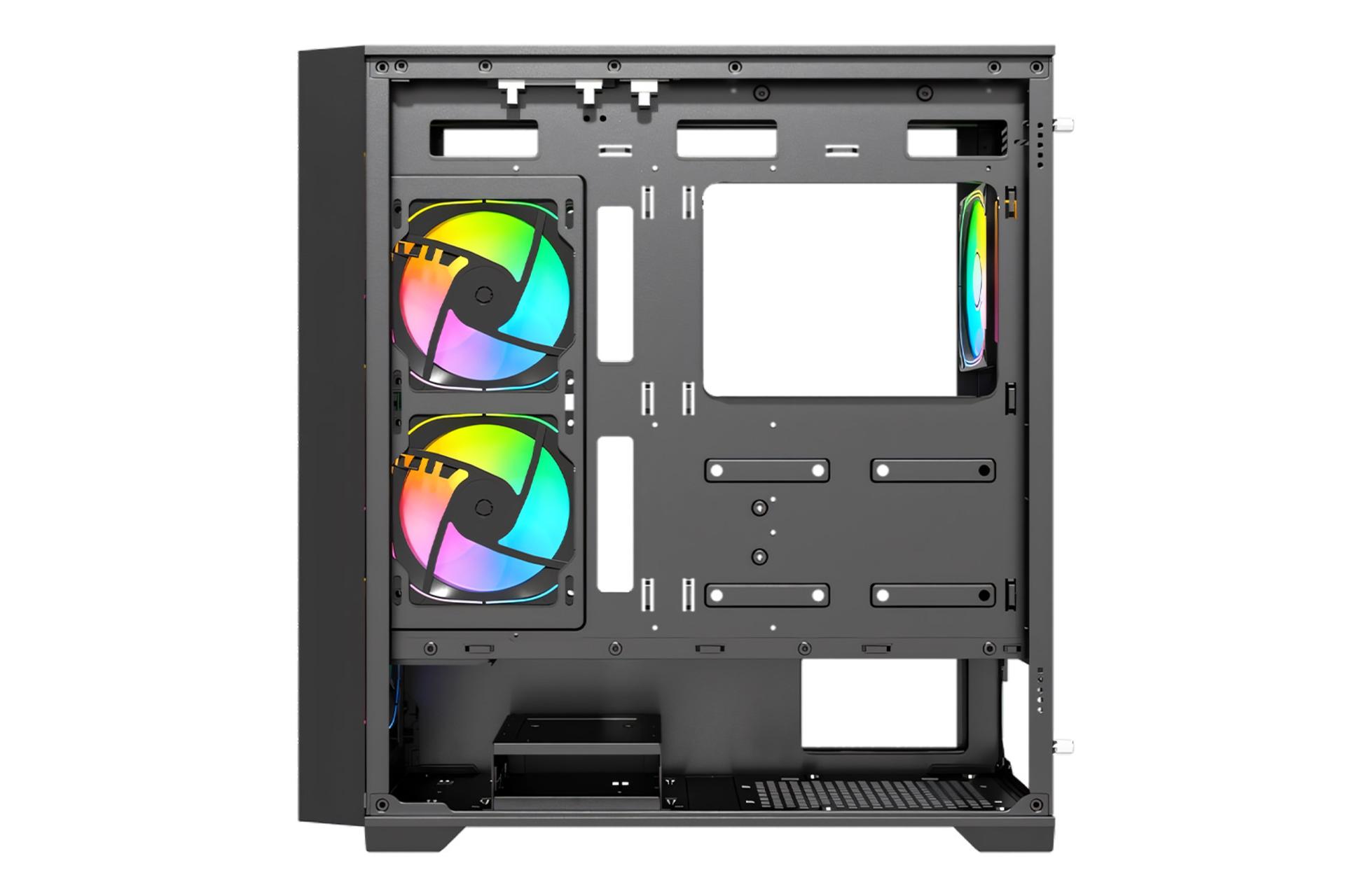 نمای داخل پنل سمت راست کیس کامپیوتر لاجی کی C476B با نمایش محل نصب حافظه و فن های کناری و فضای مدیریت کابل