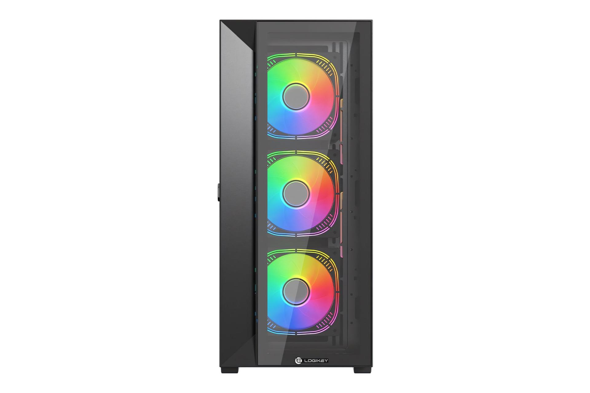 نمای رو به روی کیس کامپیوتر لاجی کی C476B با نمایش پنل شیشه‌ای جلو، لوگو و نورپردازی فن‌ها