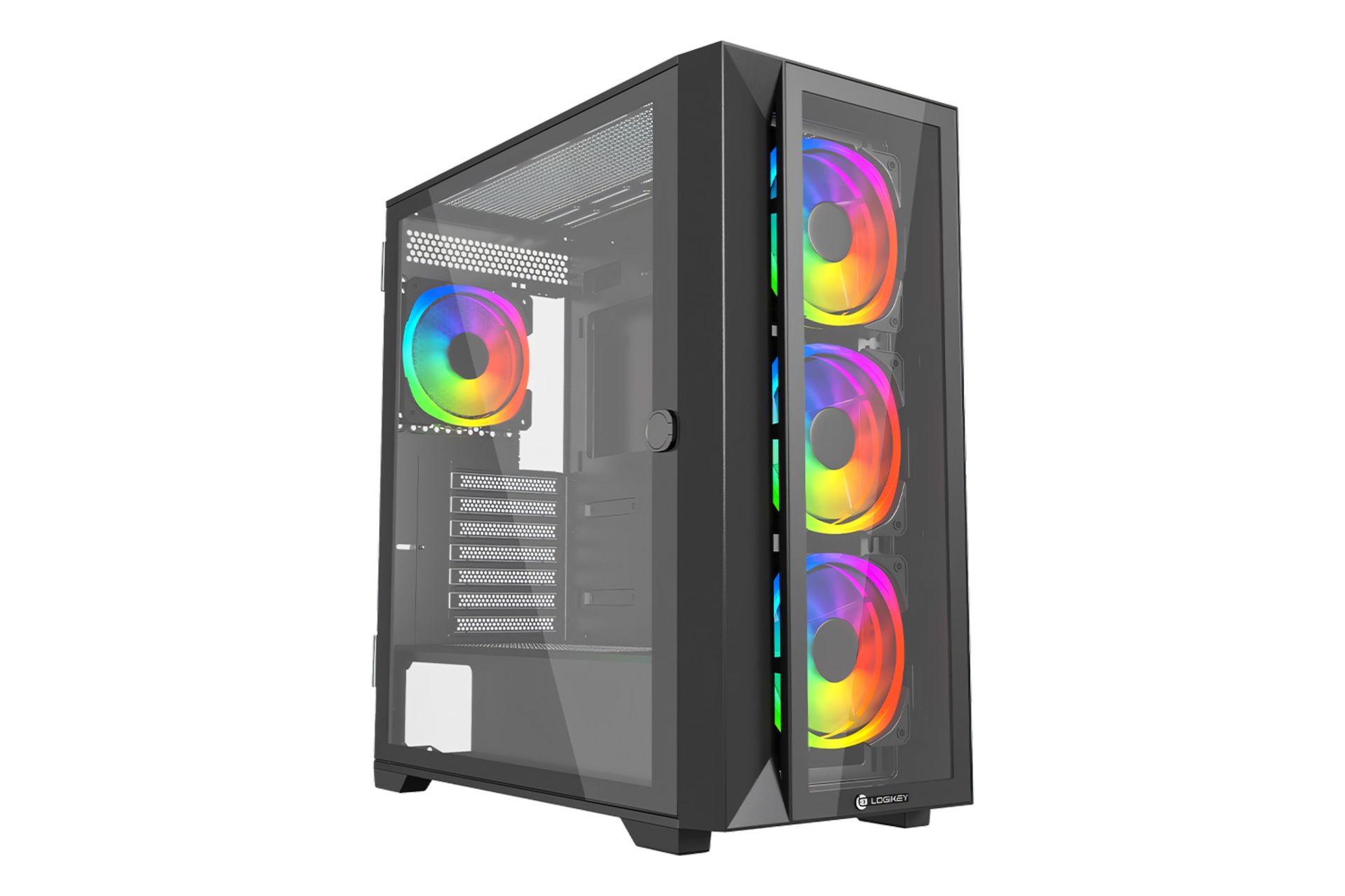 نمای نیمرخ کیس کامپیوتر لاجی کی C474B با نمایش پنل شیشه‌ای جلو و چپ، نورپردازی فن‌ها و لوگو