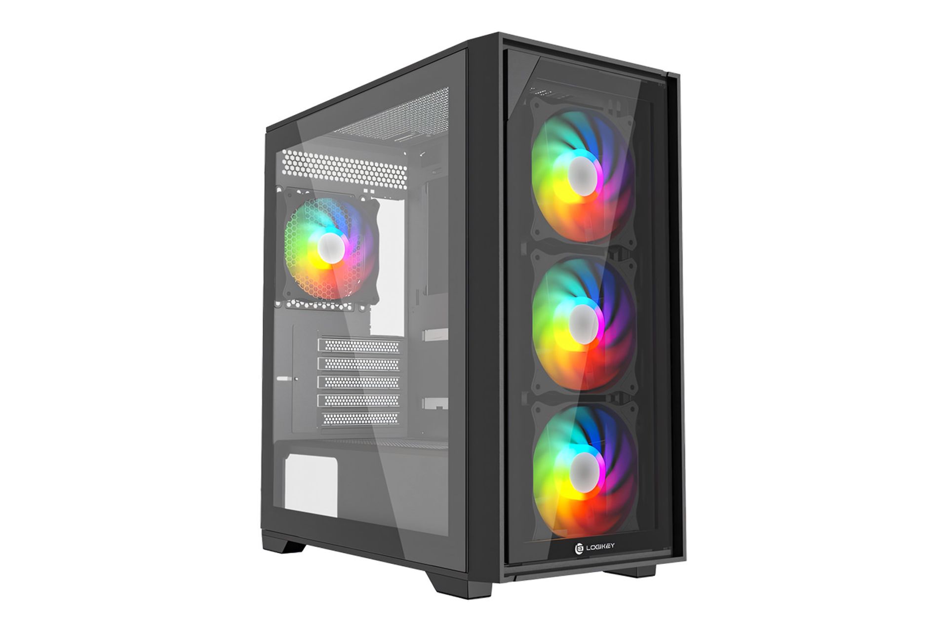 نمای نیمرخ کیس کامپیوتر لاجی کی C464B با نمایش پنل شیشه‌ای جلو و چپ، نورپردازی فن‌ها و لوگو