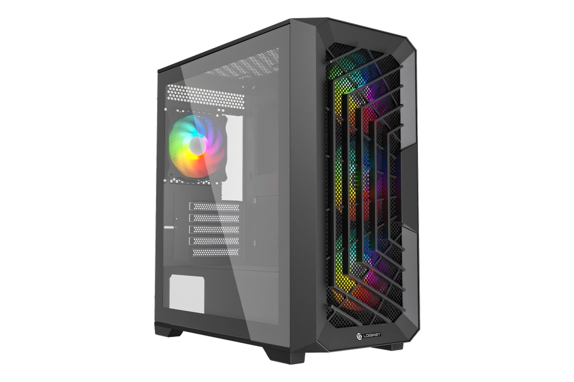 نمای نیمرخ کیس کامپیوتر لاجی کی C454B با نمایش پنل جلو و چپ، نورپردازی فن‌ها و لوگو