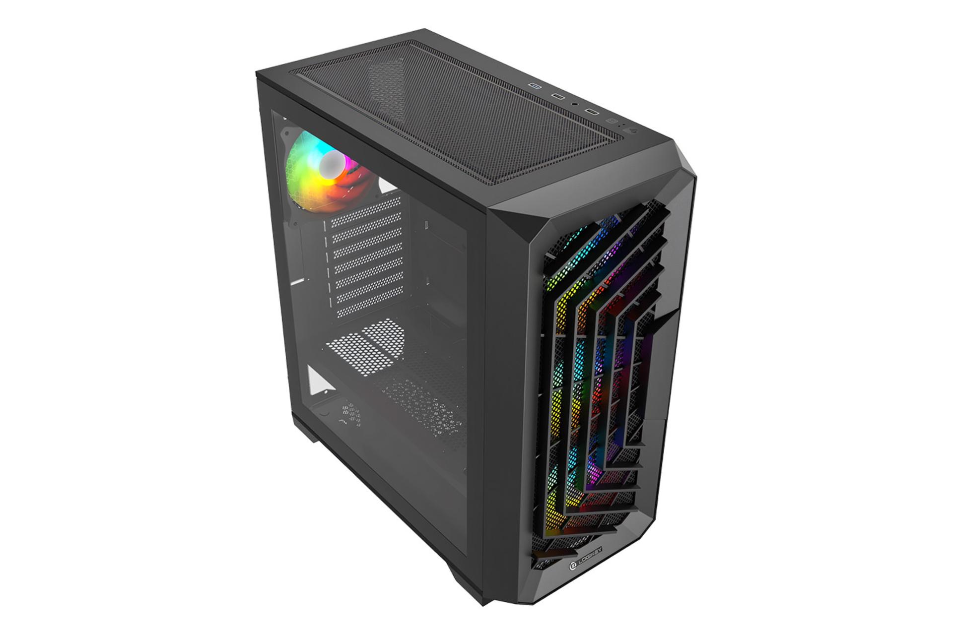 نمای نیمرخ بالای کیس کامپیوتر لاجی کی C454B با نمایش منافذ عبور هوا و درگاه های پنل بالای کیس