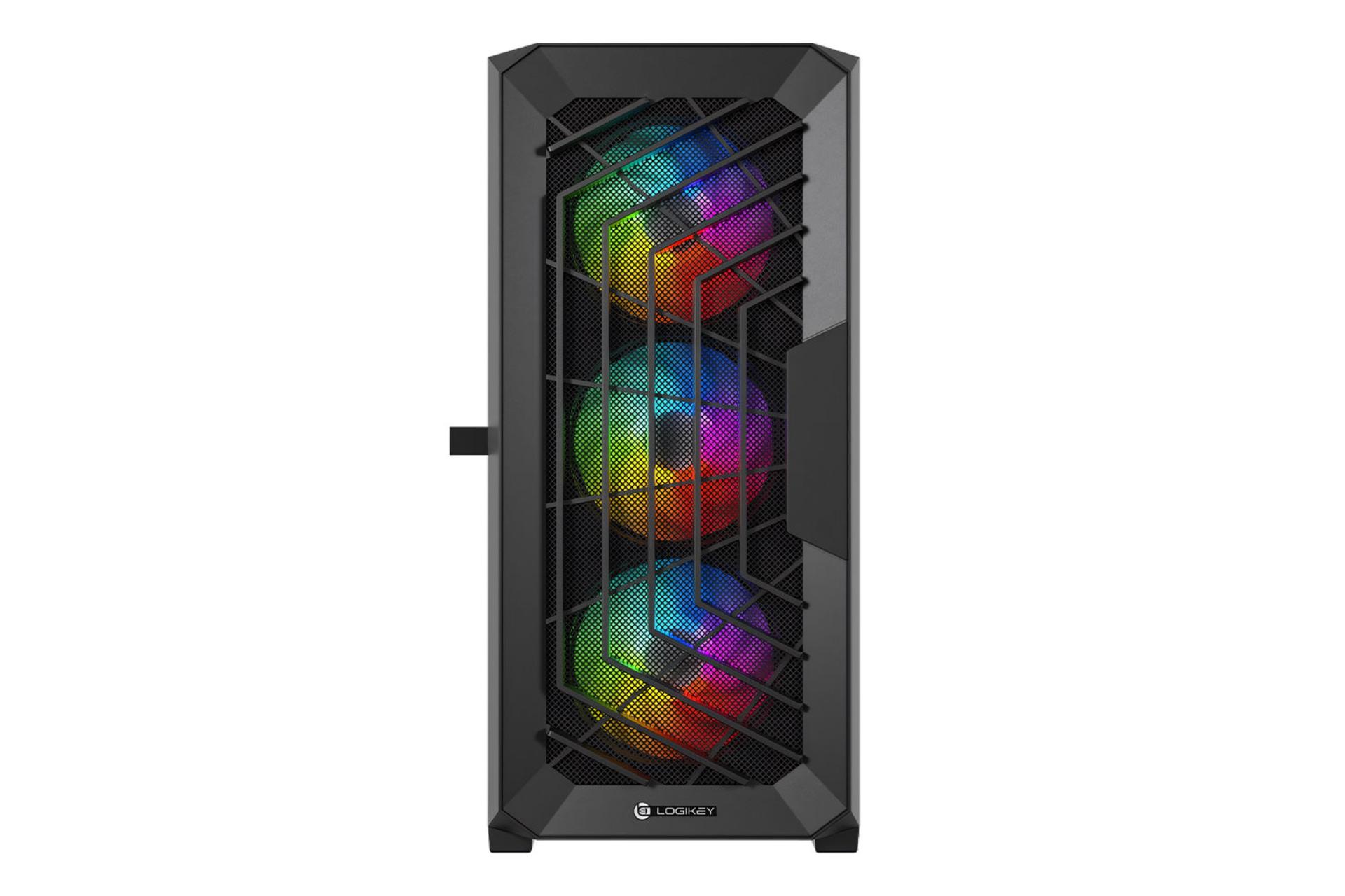 نمای رو به روی کیس کامپیوتر لاجی کی C454B با نمایش پنل جلو، لوگو و نورپردازی فن‌ها