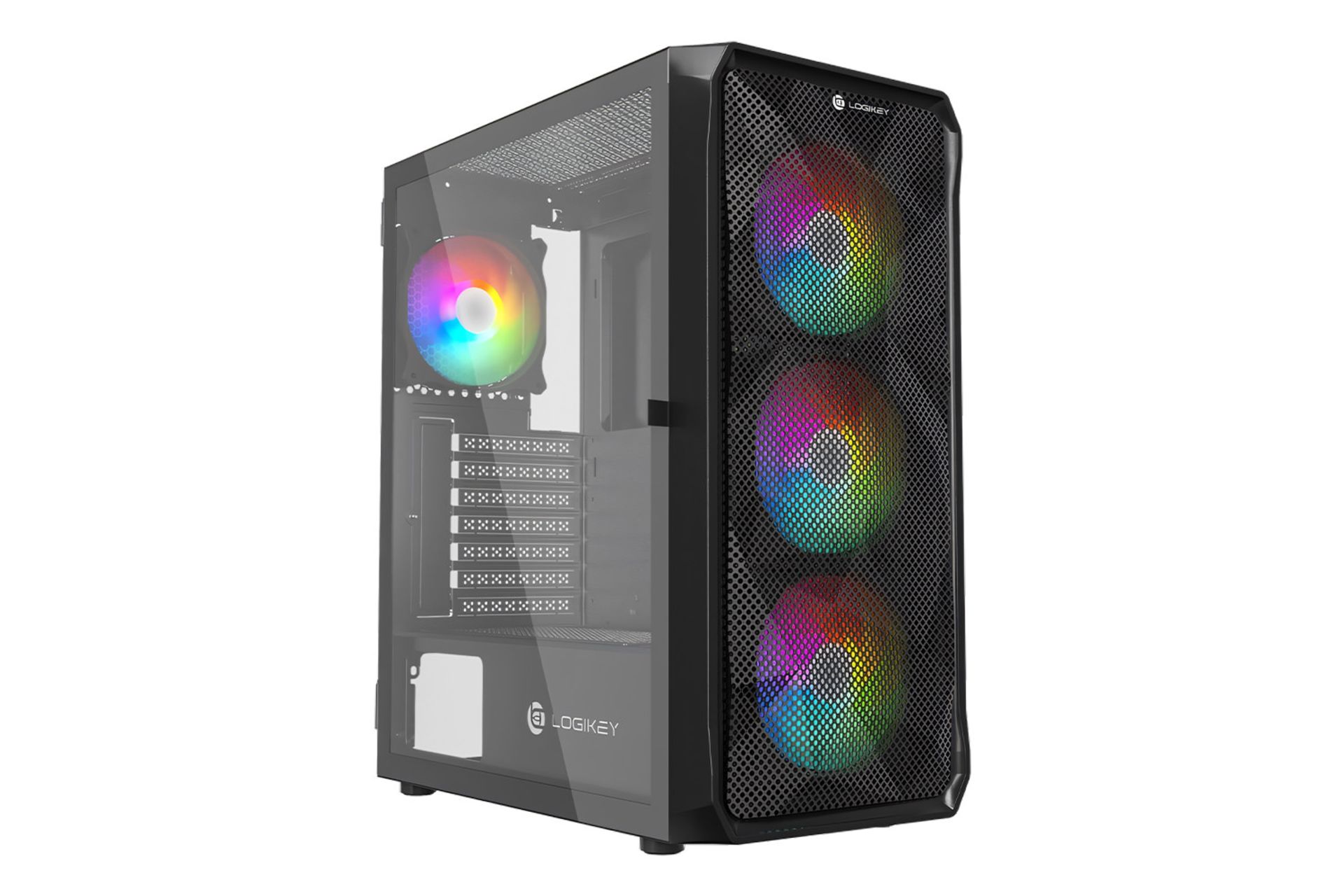 نمای نیمرخ کیس کامپیوتر لاجی کی C444B با نمایش پنل جلو و چپ، نورپردازی فن‌ها و لوگو
