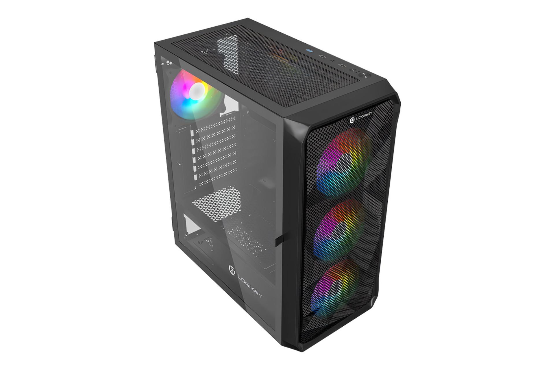 نمای نیمرخ بالای کیس کامپیوتر لاجی کی C444B با نمایش منافذ عبور هوا و درگاه های پنل بالای کیس