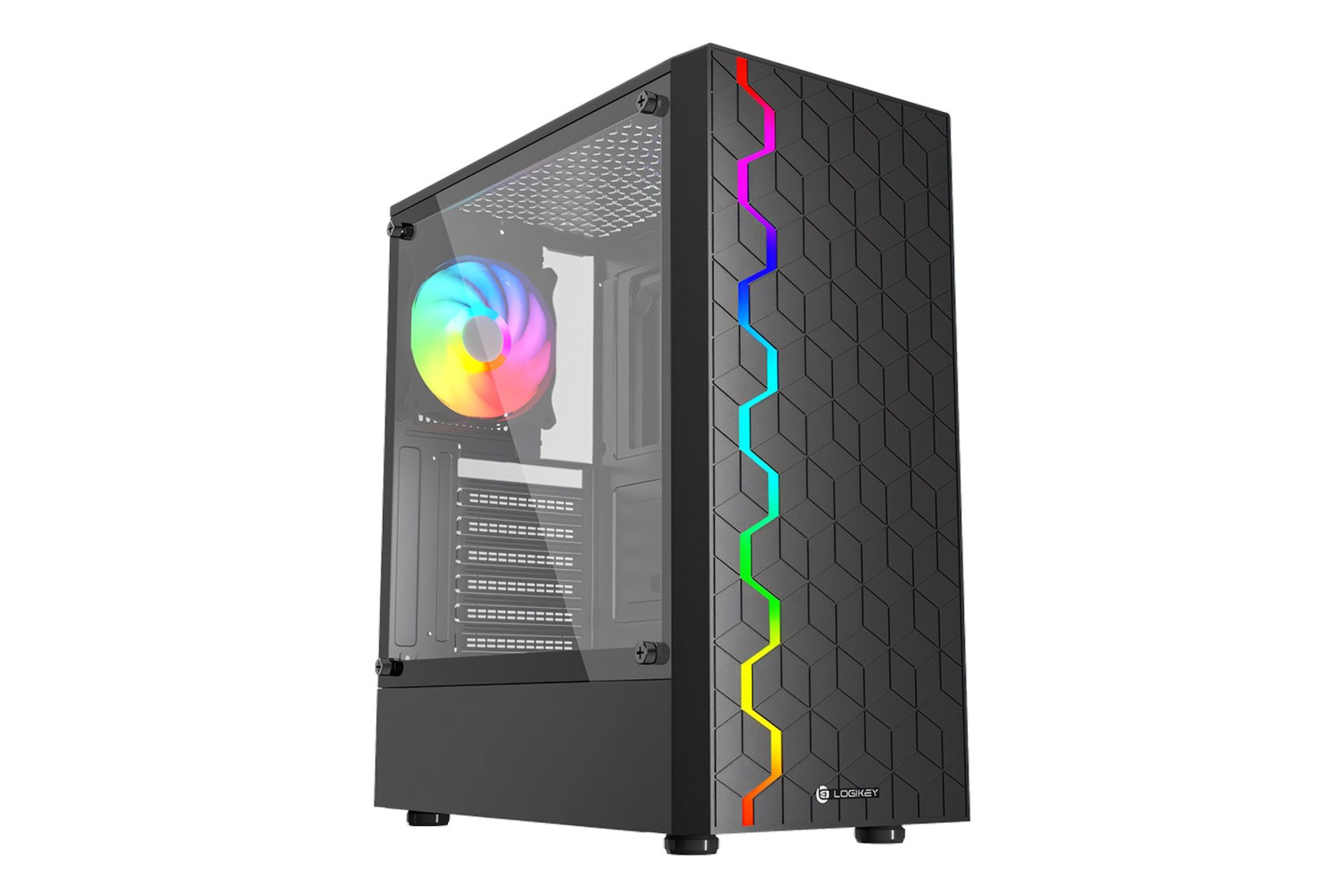 نمای نیمرخ جلو کیس کامپیوتر لاجی کی C231B با نمایش پنل شیشه‌ای سمت چپ و نورپردازی پنل جلو