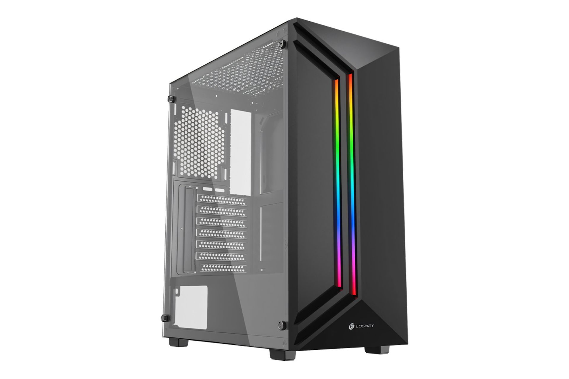 نمای نیمرخ جلو کیس کامپیوتر لاجی کی C260B با نمایش پنل شیشه‌ای سمت چپ و نورپردازی پنل جلو