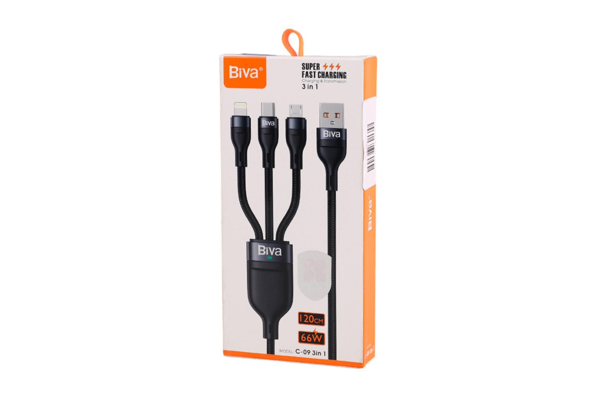 جعبه کابل شارژ USB بیوا Type-A به Type-C+Micro-USB+Lightning مدل C-09 3in1 با طول 1.2 متر