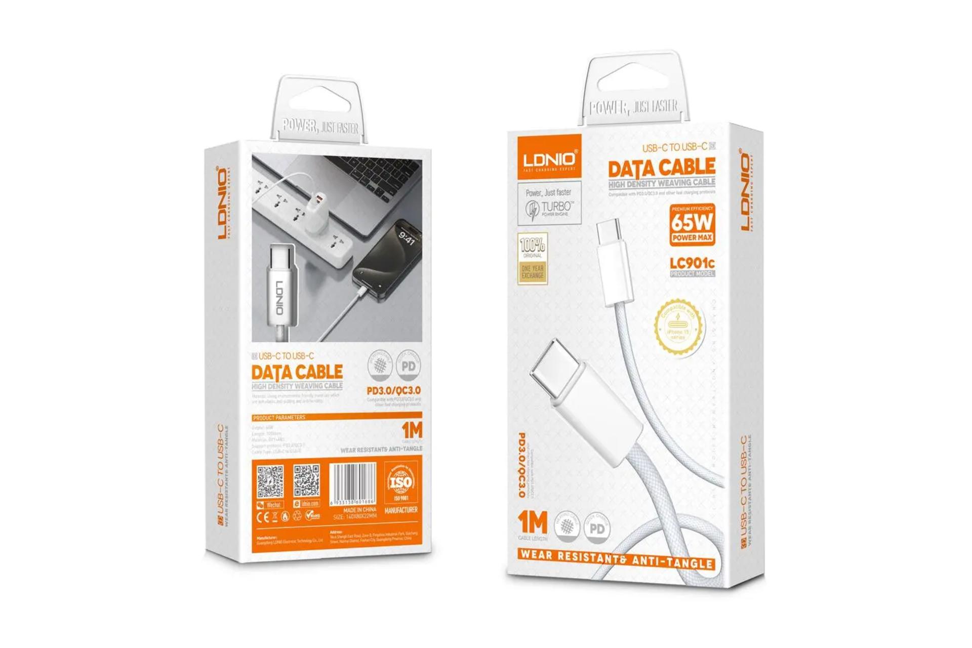 جعبه کابل شارژ USB الدینیو Type-C به Type-C مدل LC901C با طول 1 متر