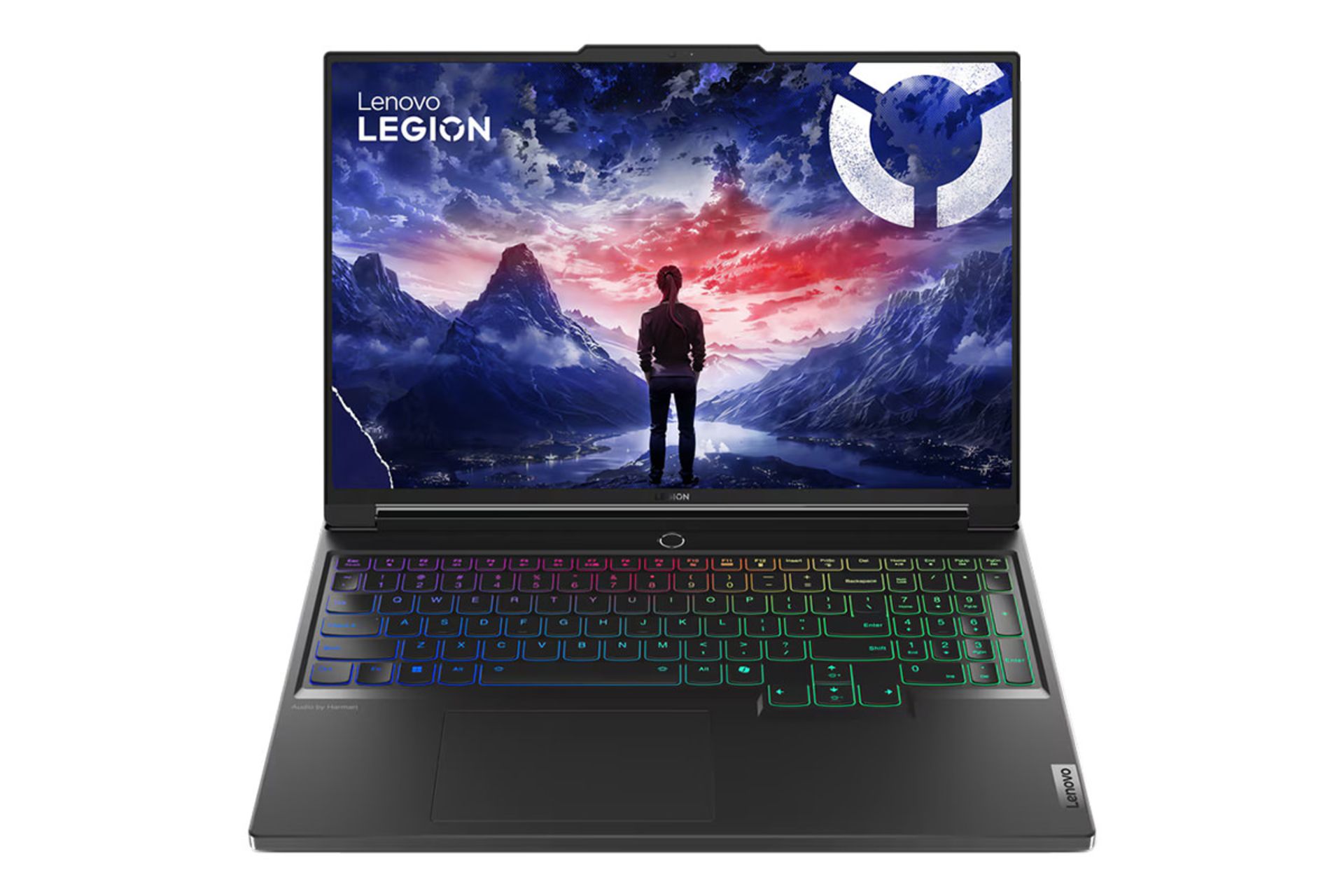 نمای رو به روی لپ تاپ Legion 7 16IRX9 لنوو با نمایشگر روشن و نمایش لوگو و لبه جلو رنگ مشکی