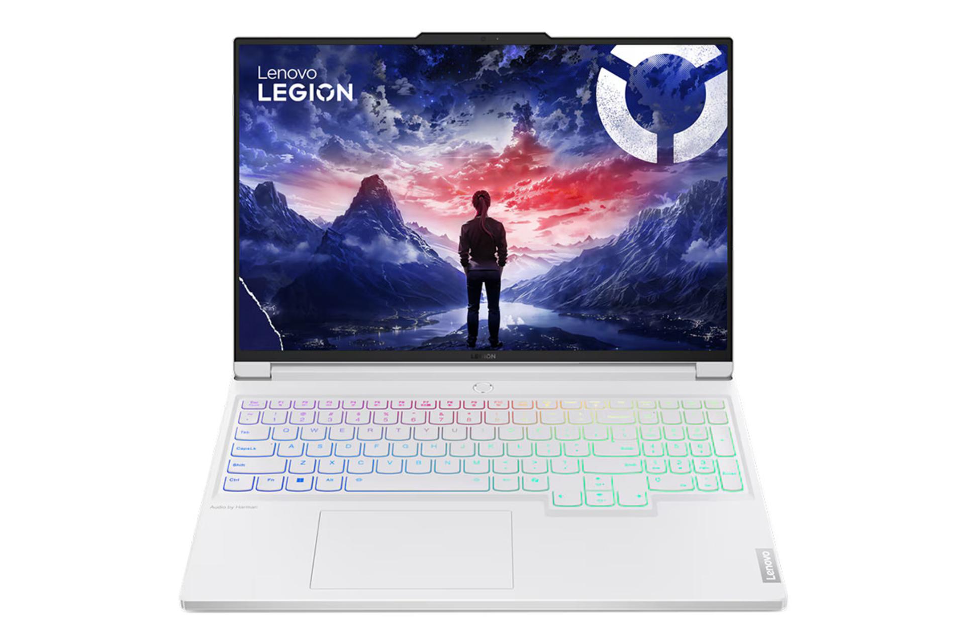 نمای رو به روی لپ تاپ Legion 7 16IRX9 لنوو با نمایشگر روشن و نمایش لوگو و لبه جلو رنگ سفید