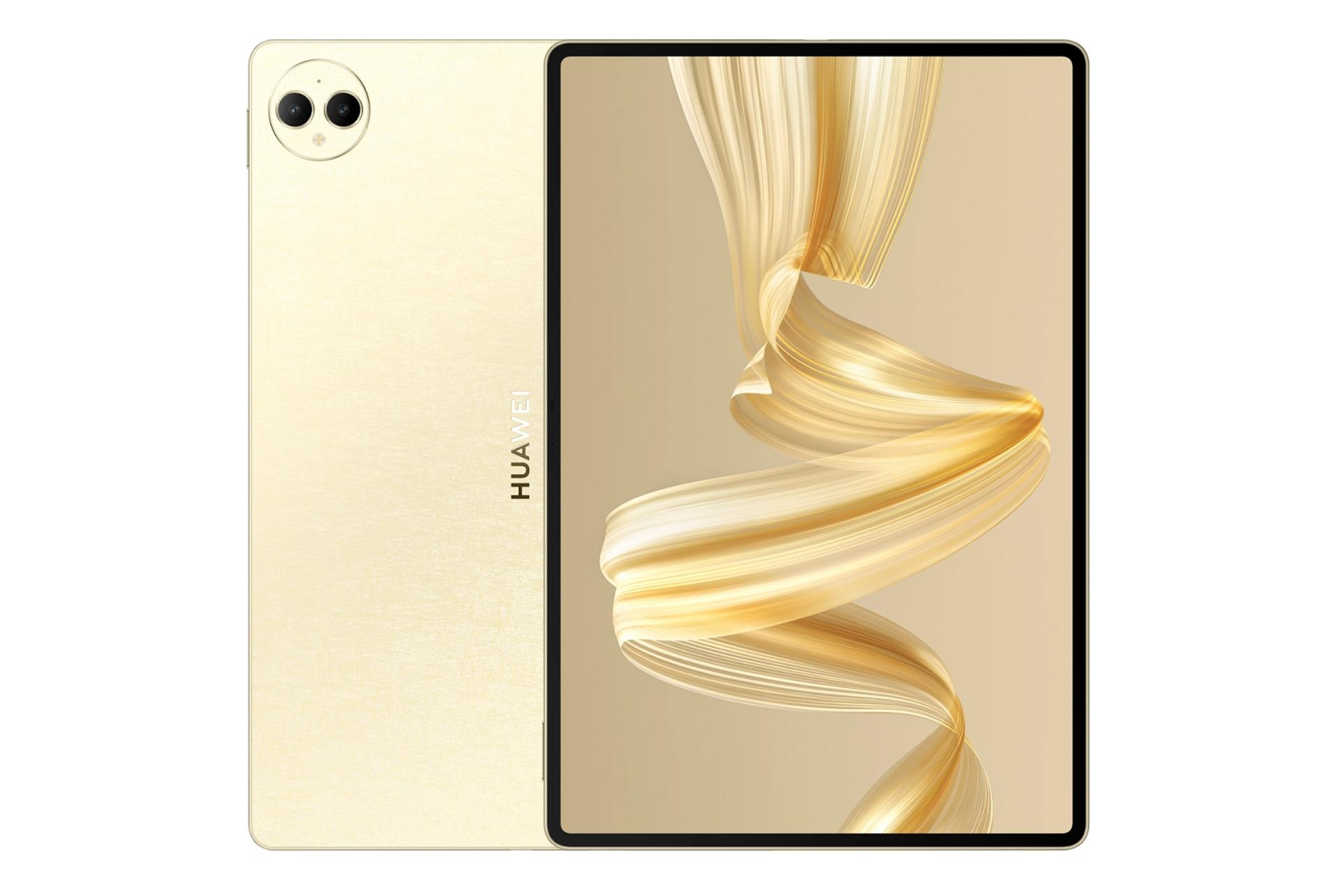 نمای کلی تبلت میت پد پرو 12.2 هواوی نسخه 2024 / Huawei MatePad Pro 12.2 2024 با نمایشگر روشن و نمایش لوگو و دوربین پنل پشت رنگ طلایی