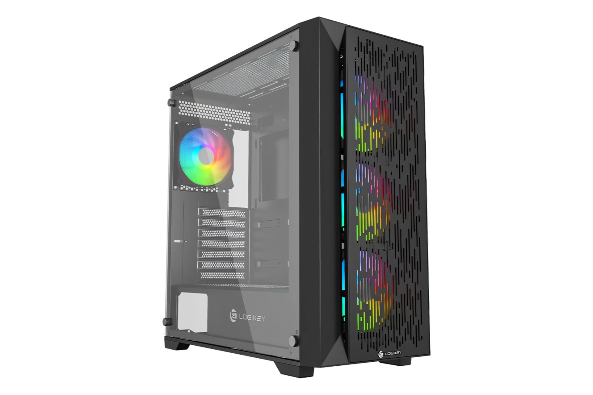 نمای نیمرخ جلو کیس کامپیوتر لاجی کی C344B با نمایش پنل شیشه‌ای سمت چپ و نورپردازی فن های پنل جلو