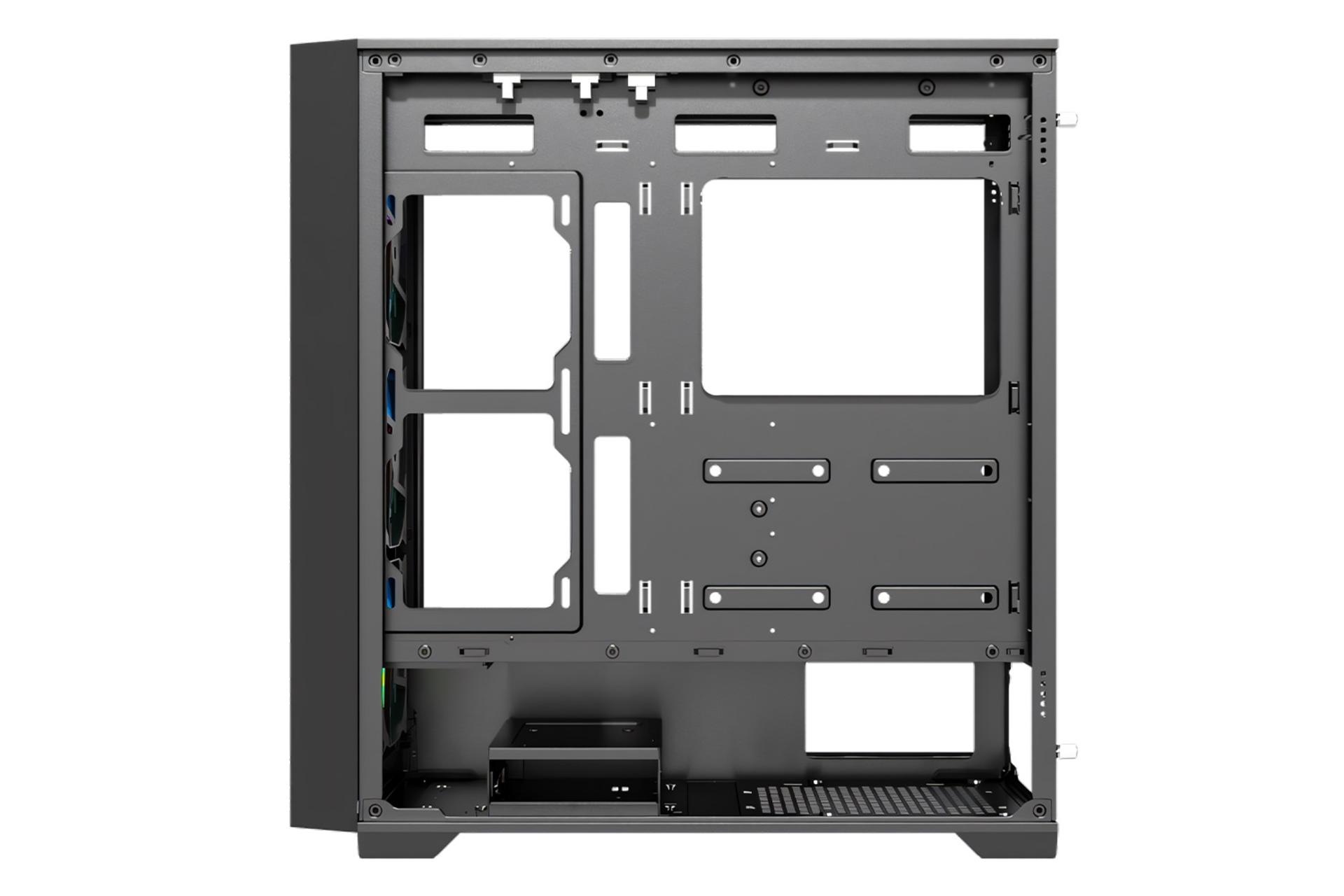 نمای داخلی کیس کامپیوتر لاجی کی C353B با نمایش محل نصب پاور و تجهیزات ذخیره سازی