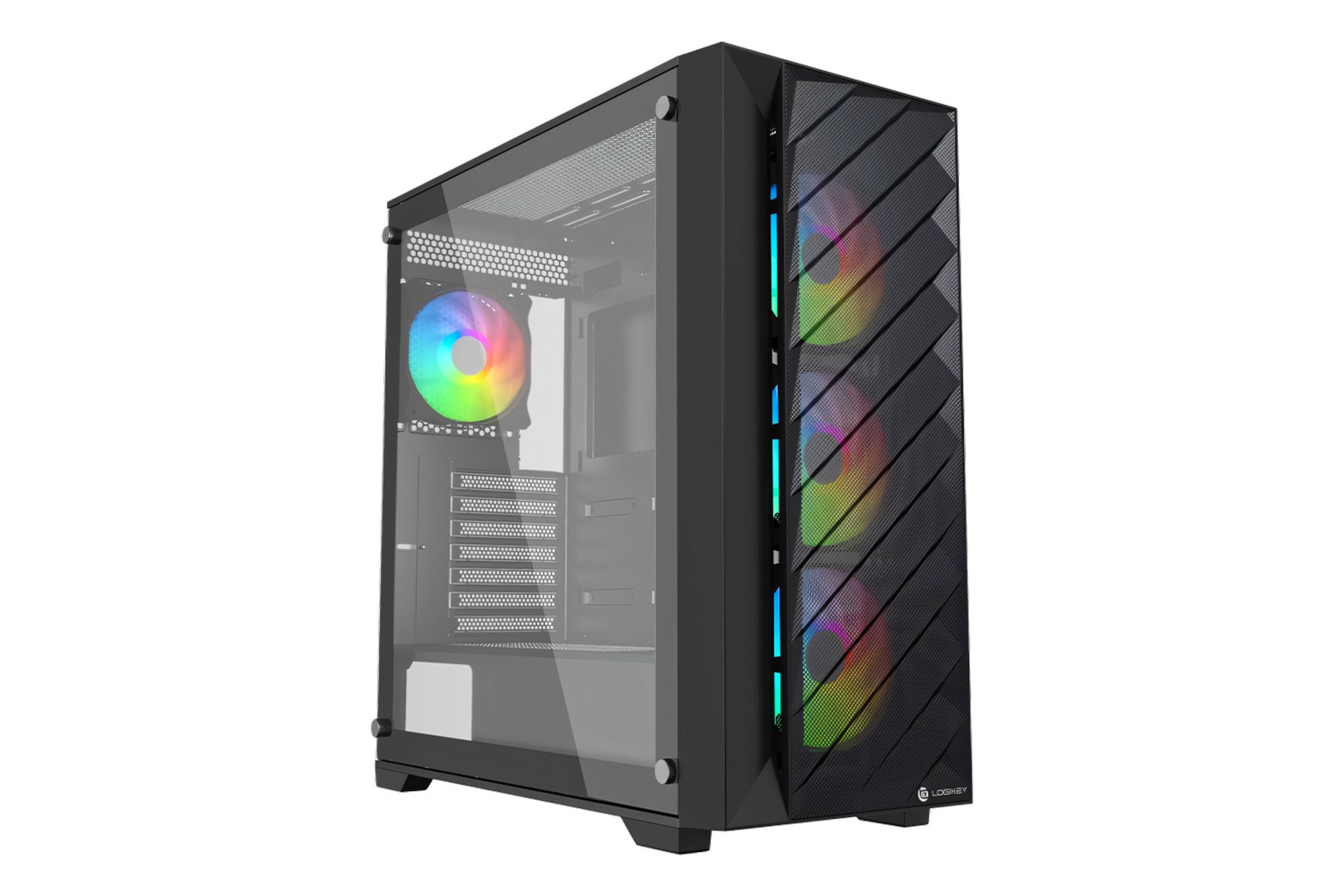 نمای نیمرخ جلو کیس کامپیوتر لاجی کی C353B با نمایش پنل شیشه‌ای سمت چپ و نورپردازی فن های پنل جلو