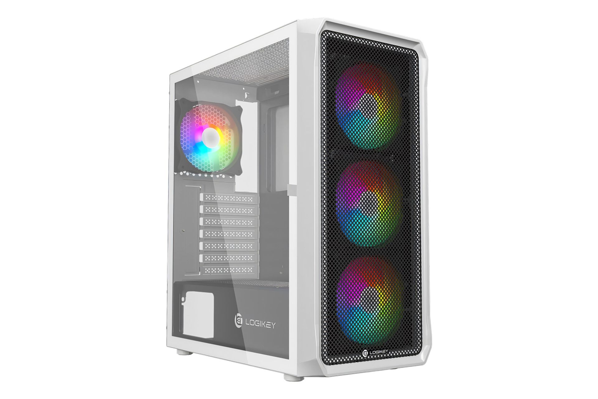 نمای نیمرخ جلو کیس کامپیوتر لاجی کی C434BW با نمایش پنل شیشه‌ای سمت چپ و نورپردازی فن های پنل جلو