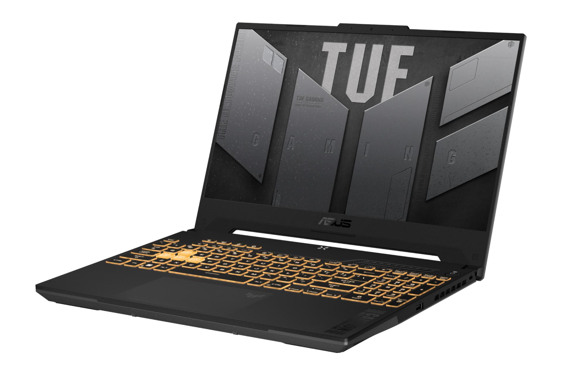 نمای نیمرخ لپ تاپ TUF Gaming F15 FX507VV ایسوس با نمایش درگاه های لبه سمت راست و نورپردازی کیبورد