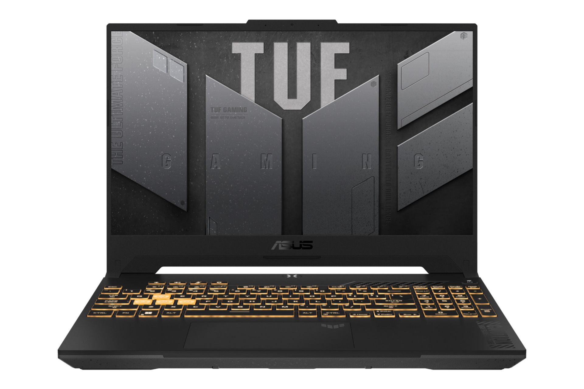 نمای رو به روی لپ تاپ TUF Gaming F15 FX507VV ایسوس با نمایشگر روشن و نمایش لوگو و لبه جلو